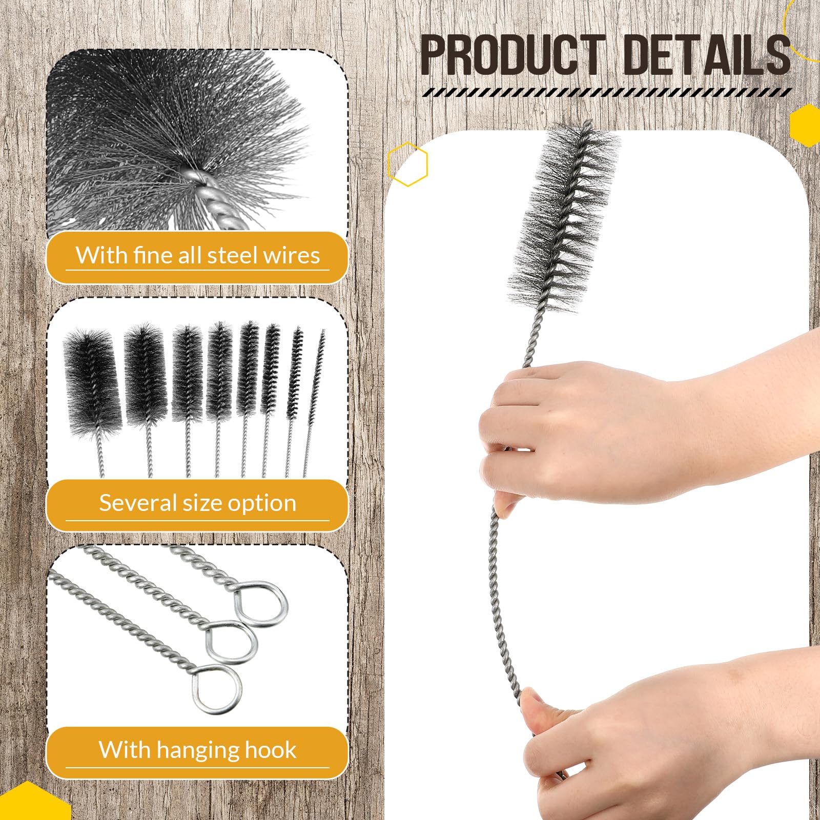 Baderke Cepillo de limpieza de tubos de alambre de 16 pulgadas de largo, acero inoxidable | 8 cepillos de acero inoxidable para limpieza de tuberías, alambre de metal, cepillos largos para limpieza