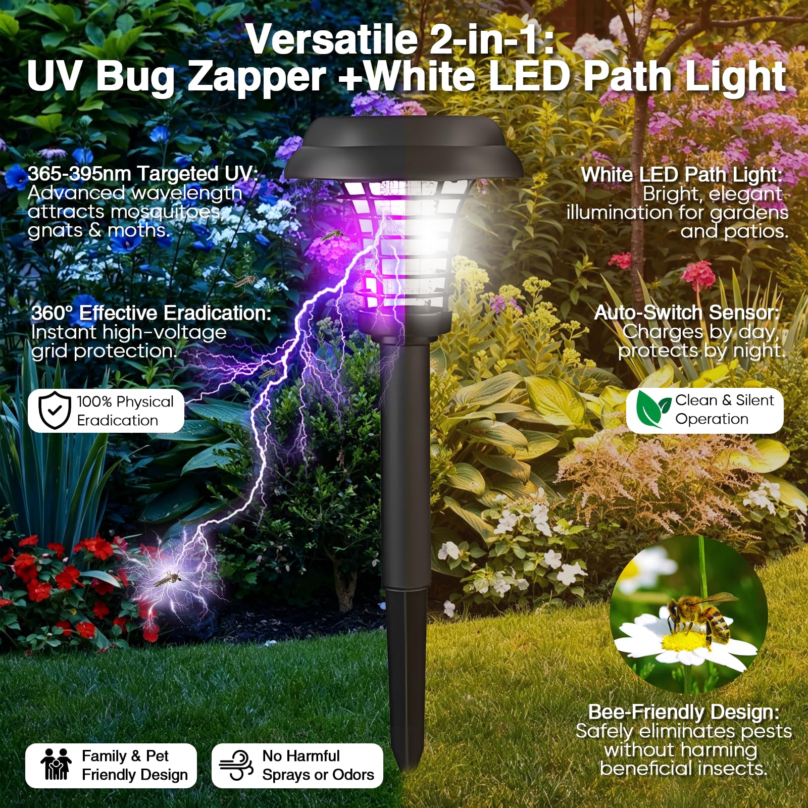2/4pcs Lampada anti-zanzara solare per esterno,Distruttore di insetti elettrici,Lampada antizanzare impermeabile, luce UV e luce bianca,commutazione automatica,per il cortile posteriore giardino (4