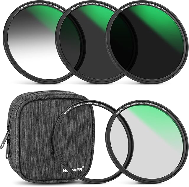 Neewer 77mm 5 in 1 Magnetic Lens Filter Kit with Black Diffusion 1/4 Filter+Soft GND8+ND8+ND64 Filter&Magnetic Adapter Ring, HD Optical Glass/Water Repellent/30 Layers Nano Coatings/Scratch Resistant
