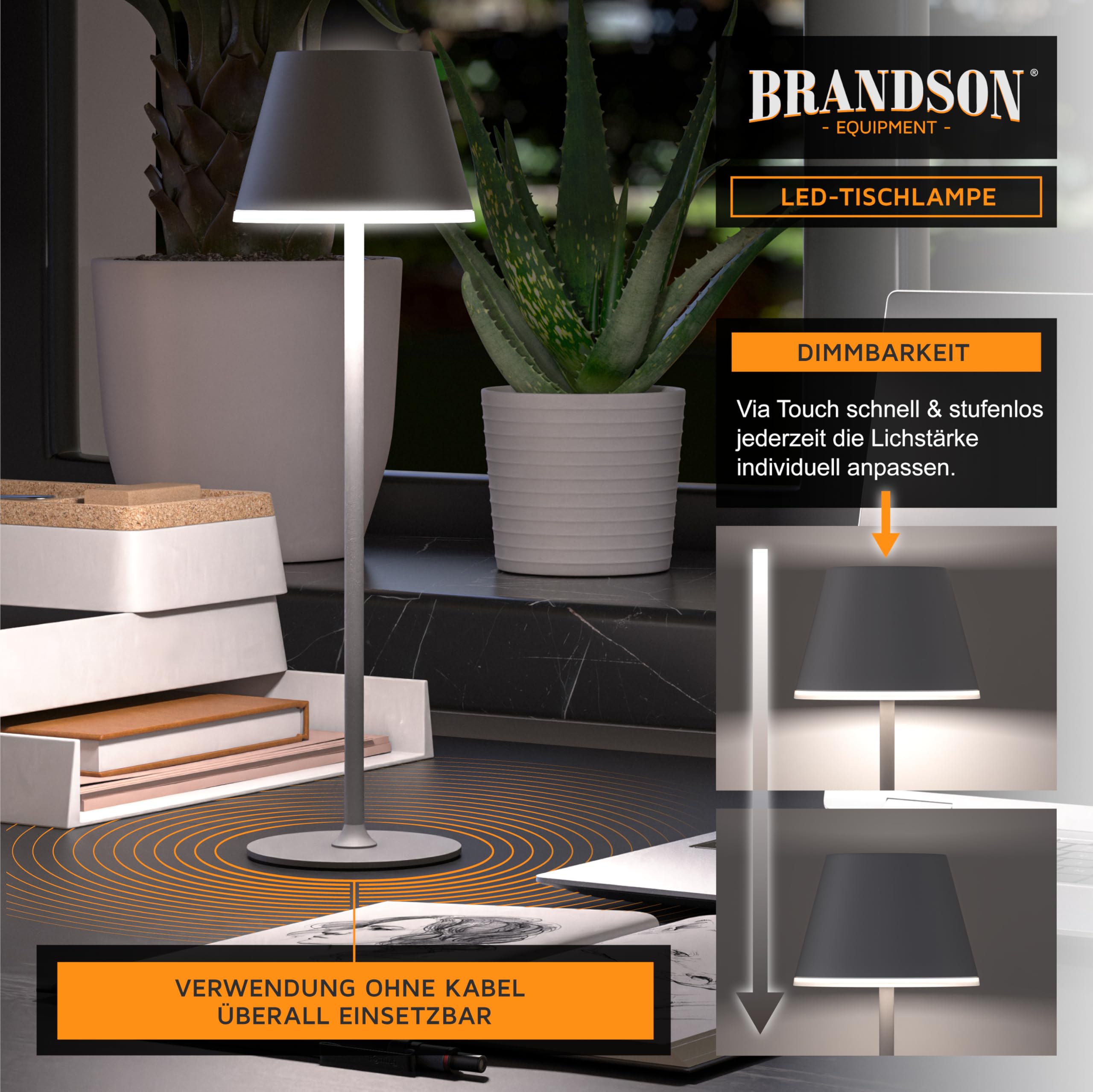 Brandson - 3 x LED Tischlampe kabellos dimmbar - mit Akku aufladbar - 3 Farbstufen - warmweiß neutralweiß kaltweiß - Metall - - Tischleuchte - Nachttischlampe - Leselampe - Indoor/Outdoor - anthrazit