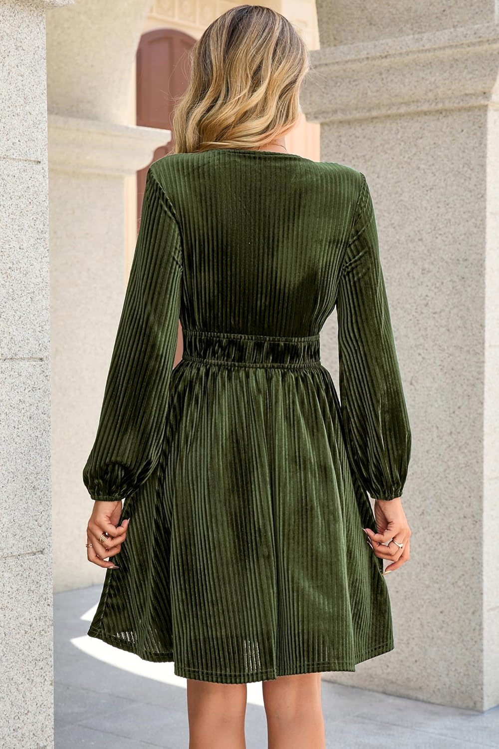R.Vivimos Womens Fall Winter Velvet Striped Mini Dress 2026 Long Sleeve V Neck Elastic High Waist Elegant Casual A-Line Dress - Image 4