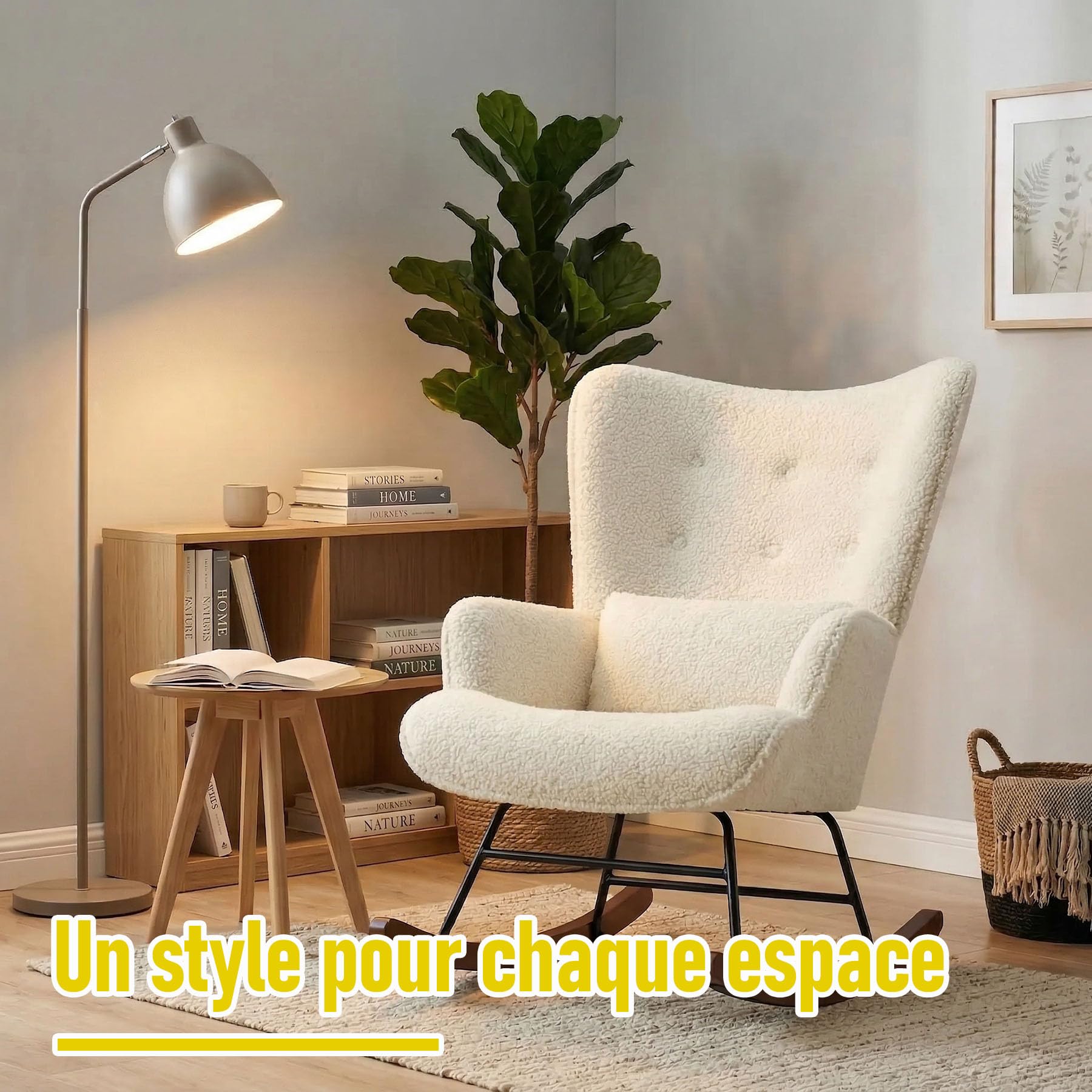 Rocking Chair Confortable en Velours Rembourré avec Support Lombaire, Fauteuil à Bascule Allaitement Scandinave, Chaise à Bascule pour Salon, Chambre, Balcon, Chambre Bébé, Nursery – Beige