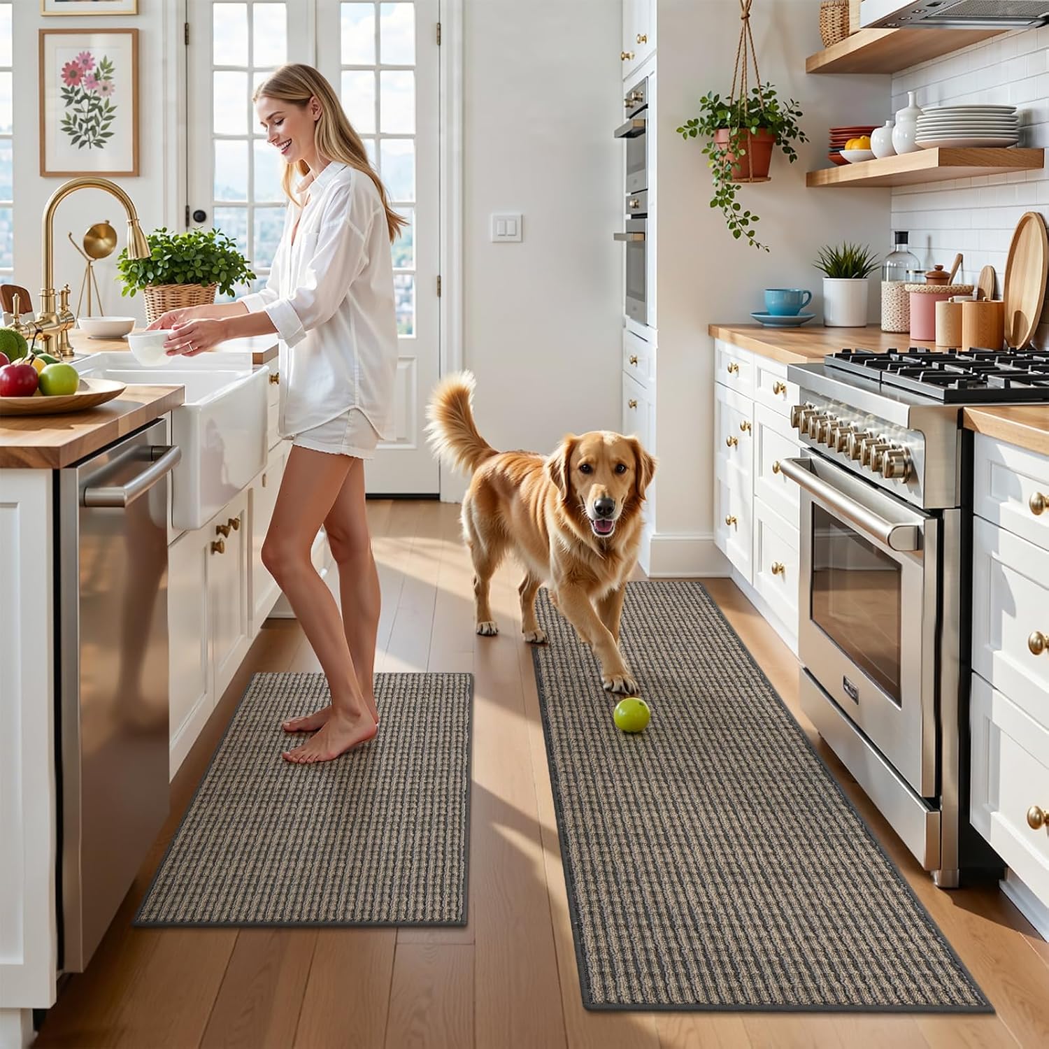 U'Artlines Kitchen Rugs and Mats Set of 2, Non Skid Washable Multicolored Farmhouse Kitchen Mats for Floor, Absorbent and Stain Resistant Floor Mat for Laundry, Sink Decor 20x32+20x59(Brown)