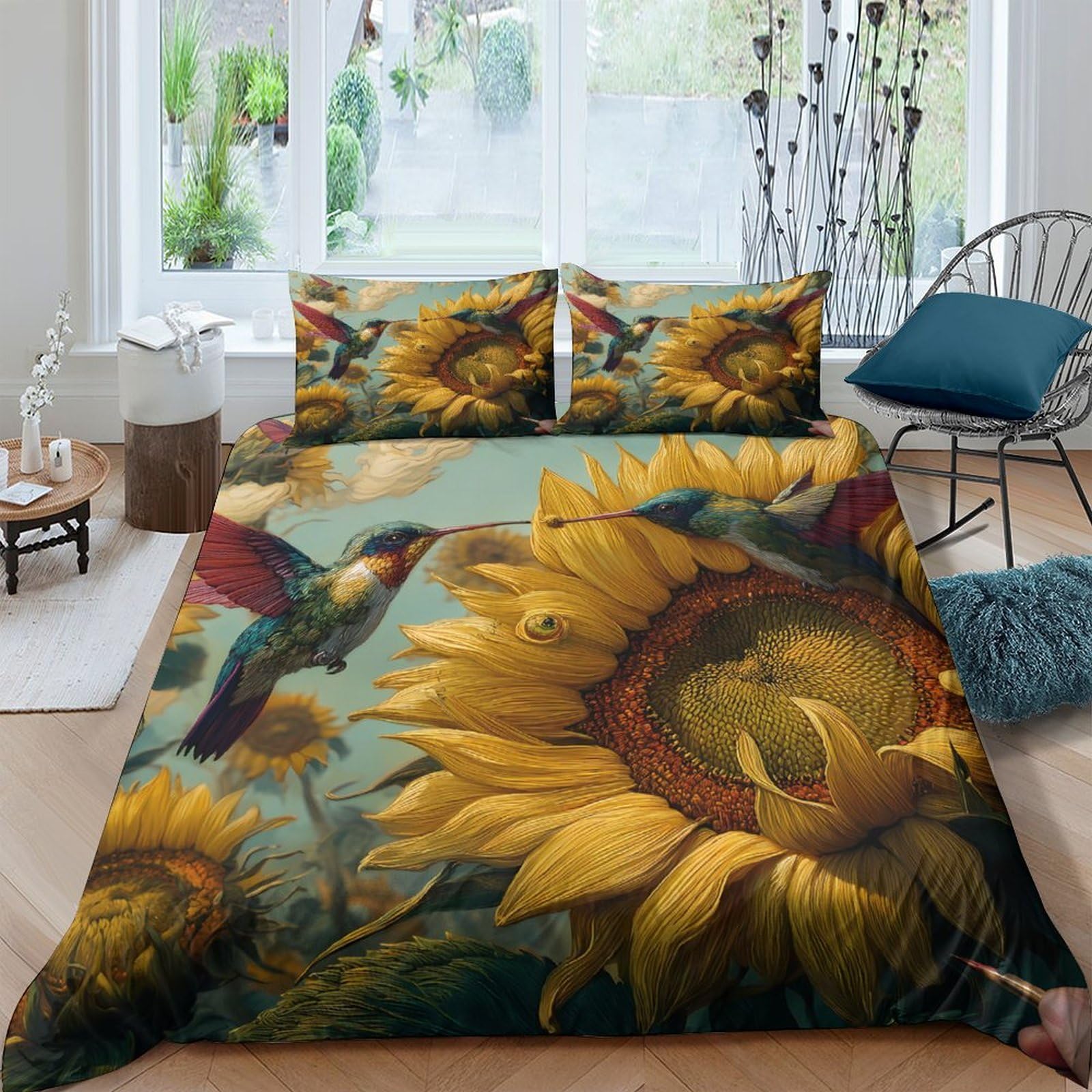 Ctjqhvkz Style-10 3D Printed Sunflower Fitted Sheet Microfiber Soft Anti-Slip Hummingbird Bed Cover For Bedroom Dorm Protective Decor Single（135X200cm）