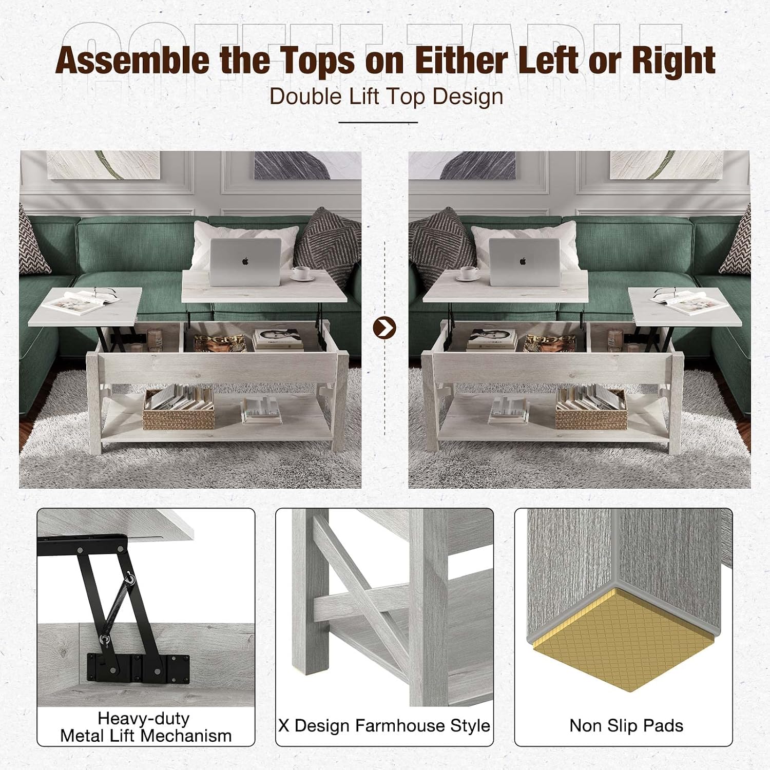 Seventable Lift Top Coffee Table, 47.2" Coffee Table with Hidden Compartment, X Wood Farmhouse Support, Retro Center Table with Wooden Lift Tabletop, for Living Room,Gray