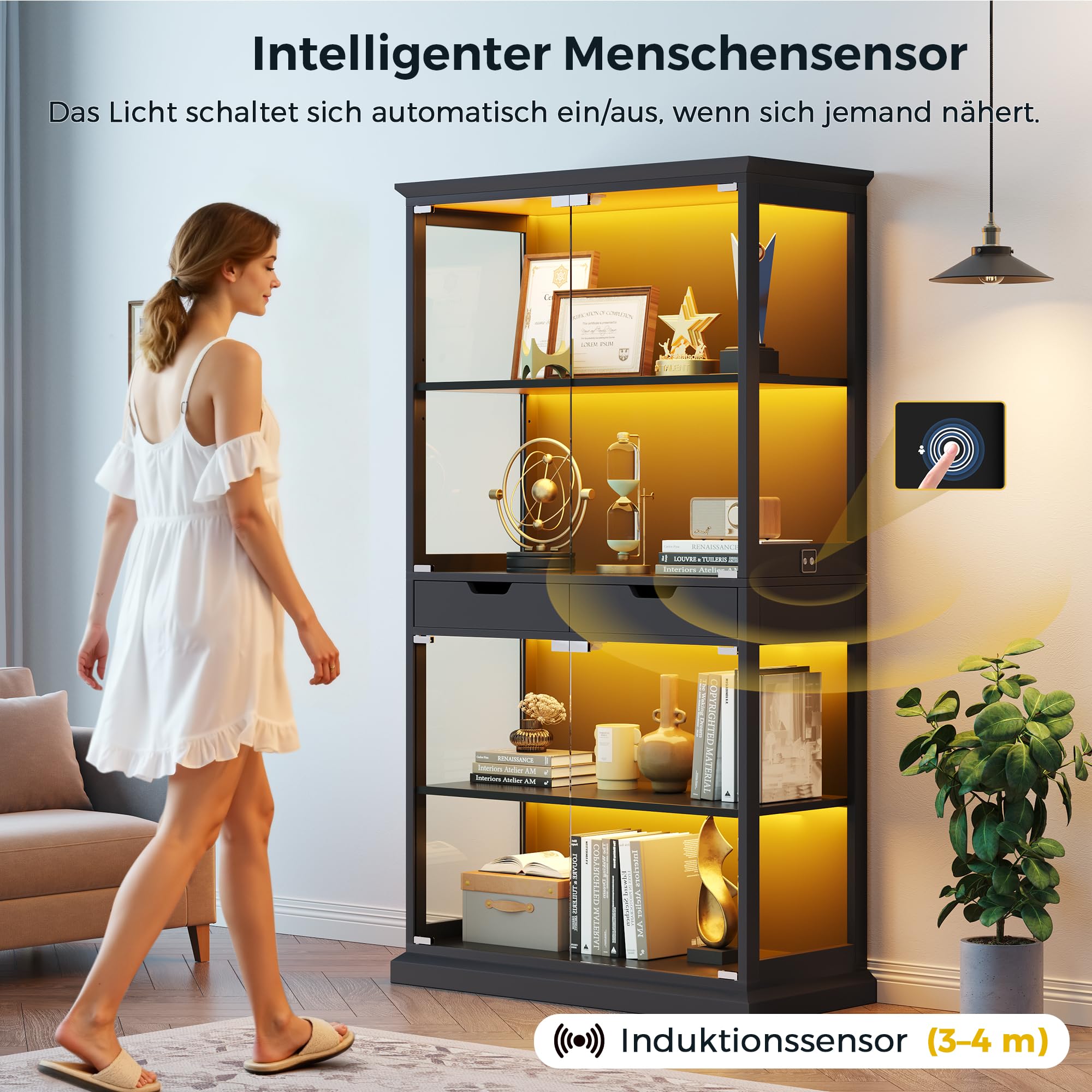 Jocoevol Vitrine mit Glastüren, 174cm Hoch Vitrinenschrank, 4-Lagen Glasvitrine Stehend mit RGB LED Beleuchtung & APP, Sensor, 2 Schubladen, Sammlervitrine für Wohnzimmer, Schwarz