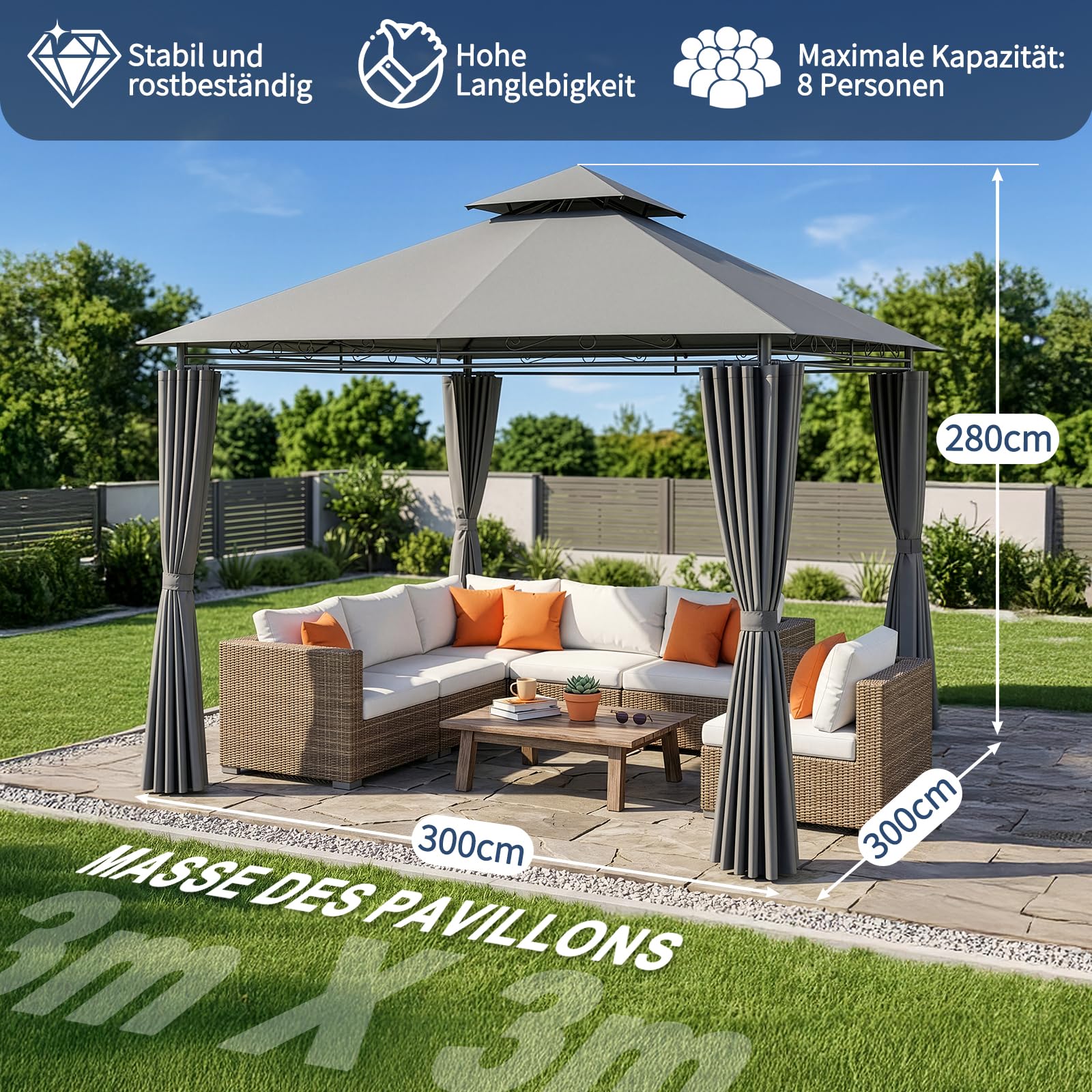 LEADZM Pavillon 3x3m, Stabiler Eisenrahmen, Wasserdicht Winddicht UV-Schutz, Gartenpavillon Outdoor Gazebo, mit 4 Seitenwänden,Partyzelt für Garten Hof Party und Freizeit (Grau, 3x3 m-Doppeldach)