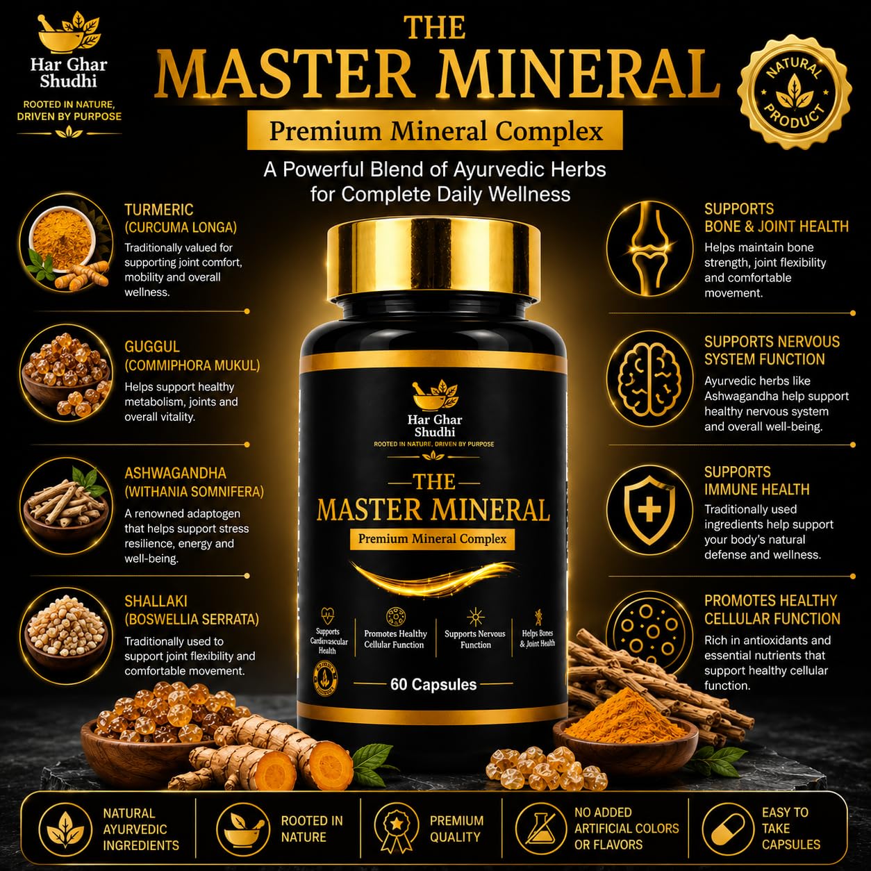 Ashwagandha Turmeric Shallaki Boswellia Guggul Capsules – Ayurvedic Herbal Mineral Complex Supplement for Bone, Joint & Daily Wellness | Natural Ayurveda Formula | 60 Capsules — Amazon image 2