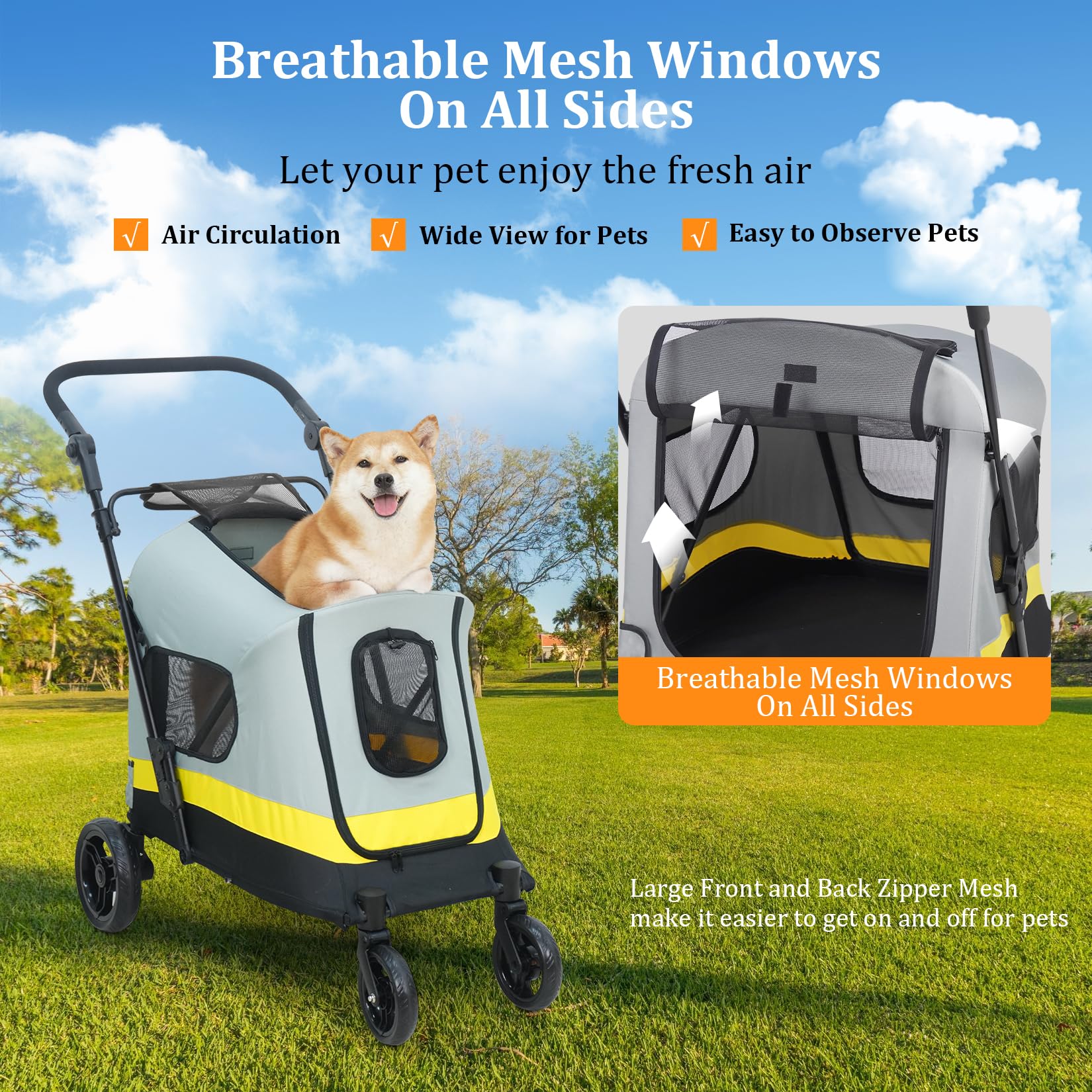 BingoPaw Carro Perro Pequeño Mediano: Carrito para Perros Paseo Plegable Cochecito para Perros con Ruedas Amortiguadora con Frenos Puertas Frontal y Trasera, 102x62x73cm