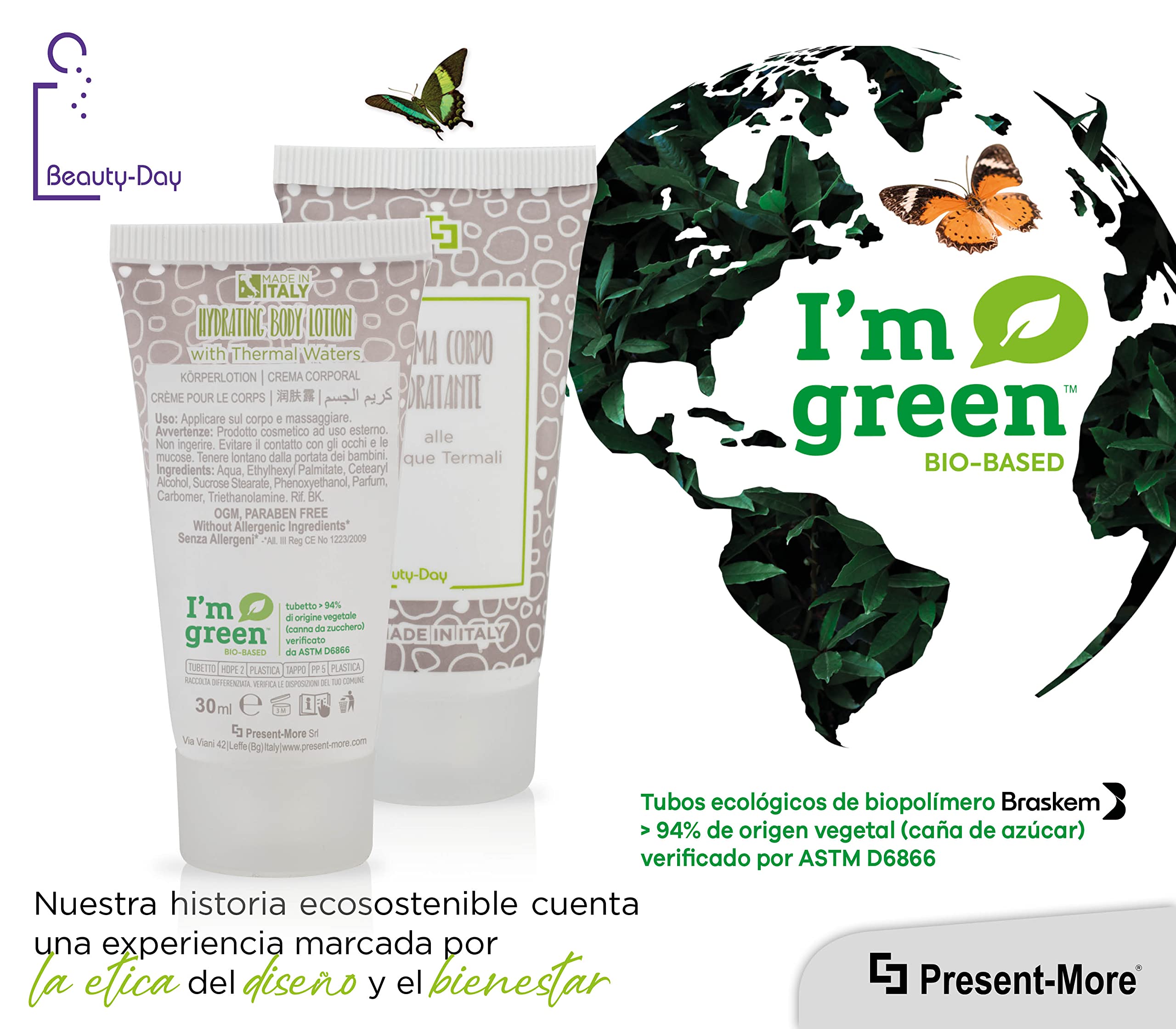 Present-More Crema corporal 30ml Beauty-Day Italy - Crema cuerpo 250 unidades para Hoteles y B&B | Crema cuerpo sin alérgenos con fragancia Ylang Ylang