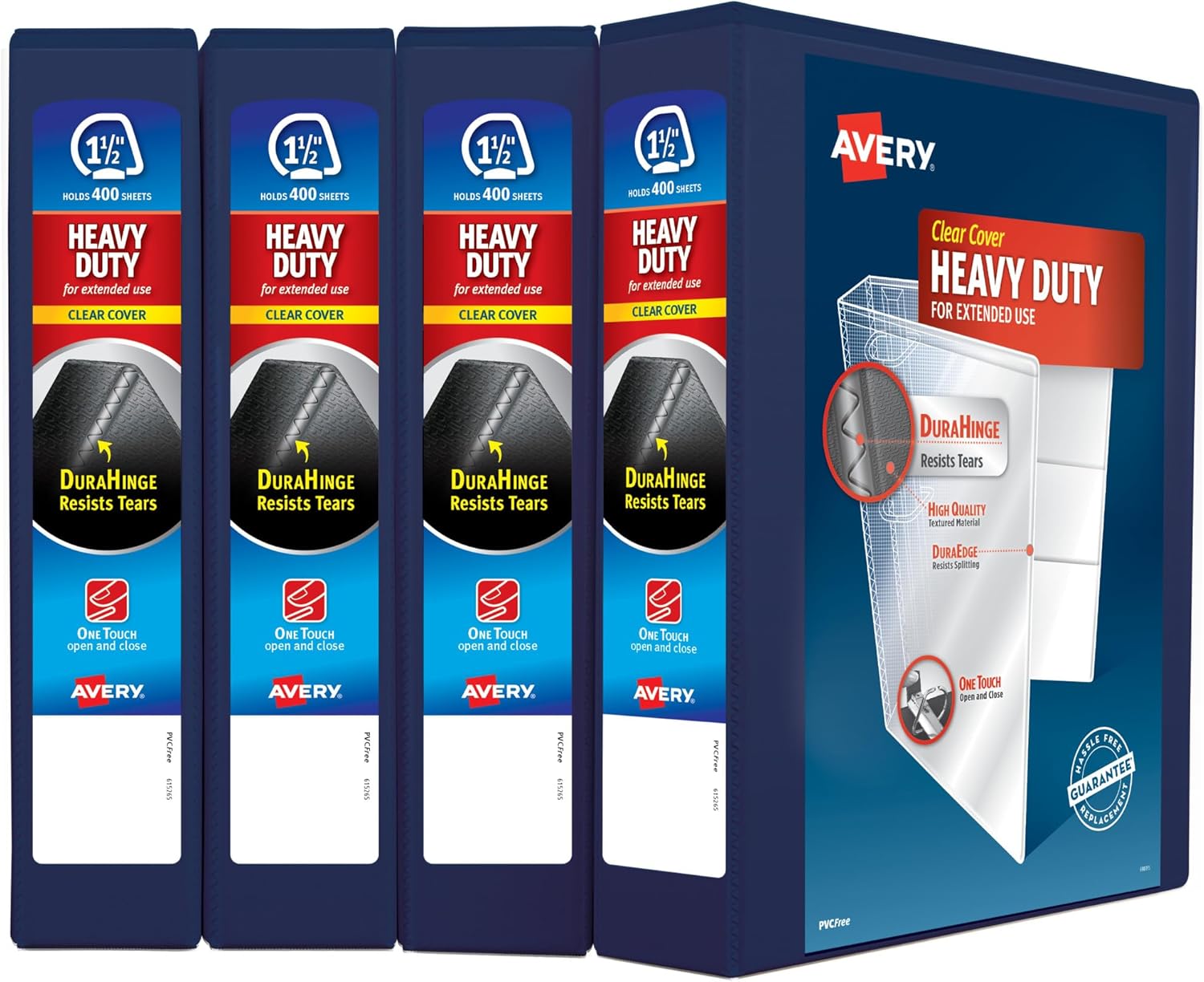 Avery Heavy Duty View 3 Ring Binder, 1.5" One Touch Slant Ring, Holds 8.5" x 11" Paper, 4 Navy Blue Binders (79871)