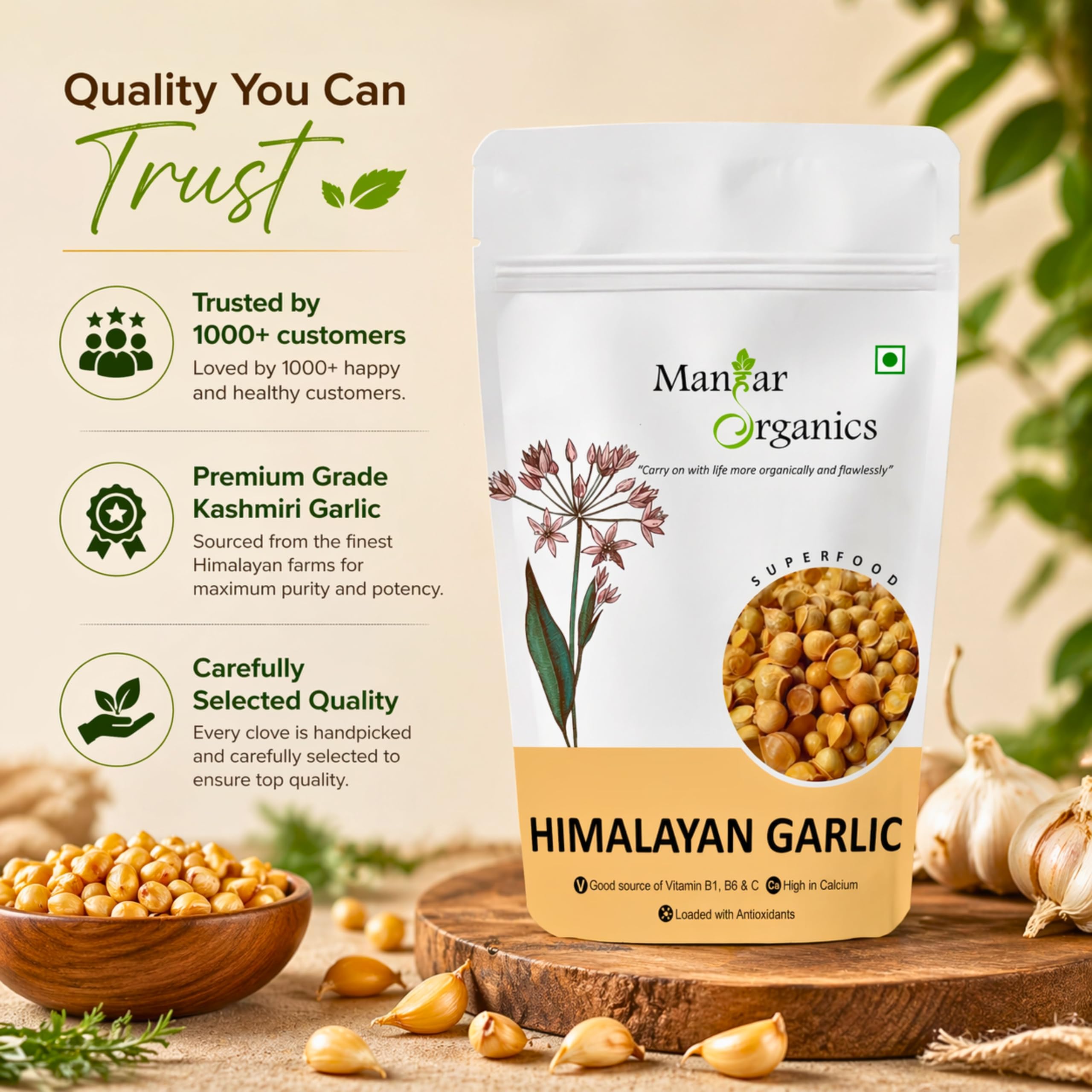 ManHar Organics Kashmiri Garlic (Lehsun) 100g | Direct from Farmers | Premium Himalayan Single Clove Garlic | Whole Bulbs