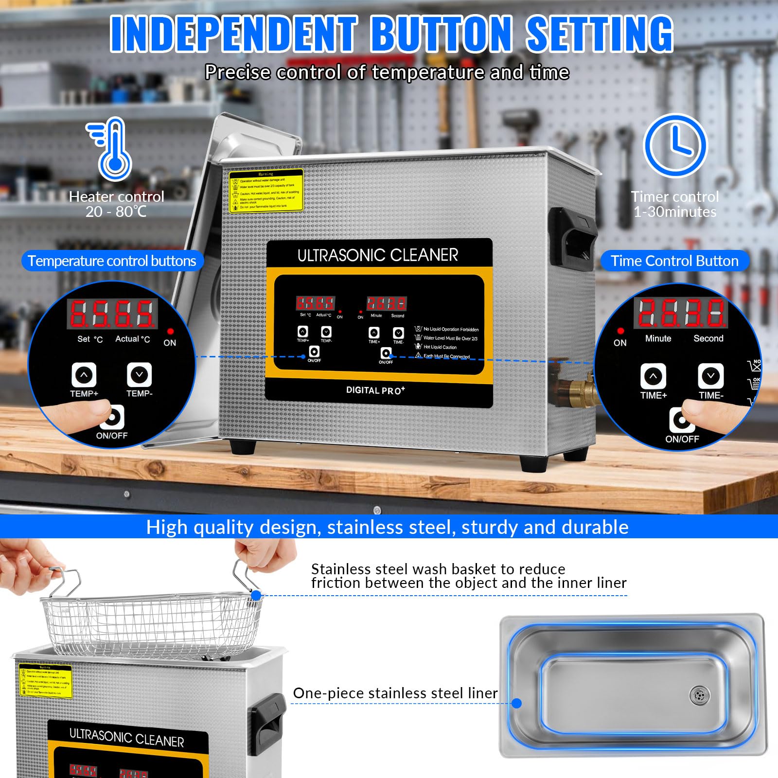 Ultraschallreinigungsgerät 6L, Professioneller Edelstahl Ultraschallreiniger mit Heizung und Timer, Ultraschallreiniger für Brillen, Uhren, Zahnersatz und Schmuck
