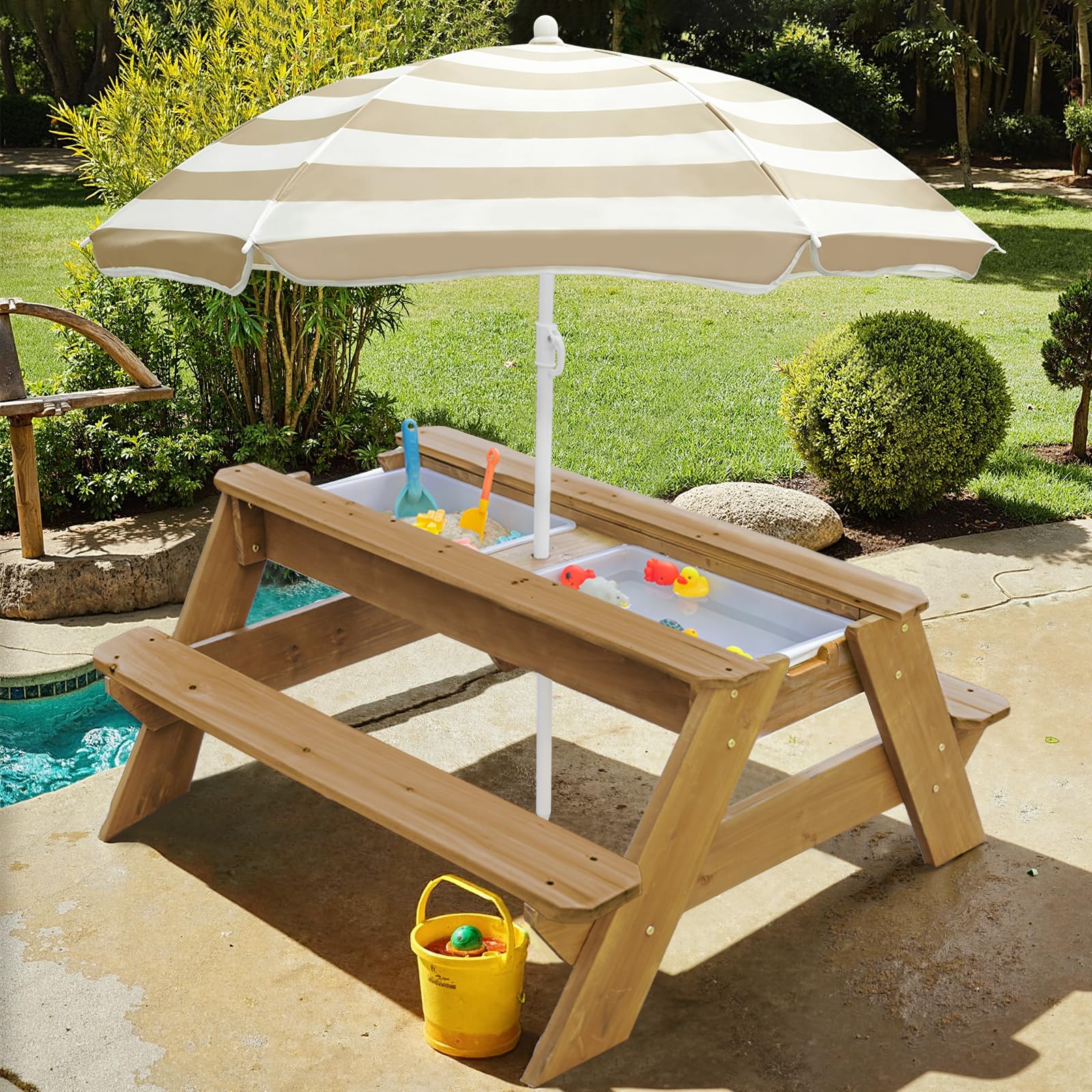 Table d'activités pour enfants, table de pique-nique convertible en bois, table de salle à manger, parapluie pliable réglable, pique-nique pour l'extérieur (naturel/marron)