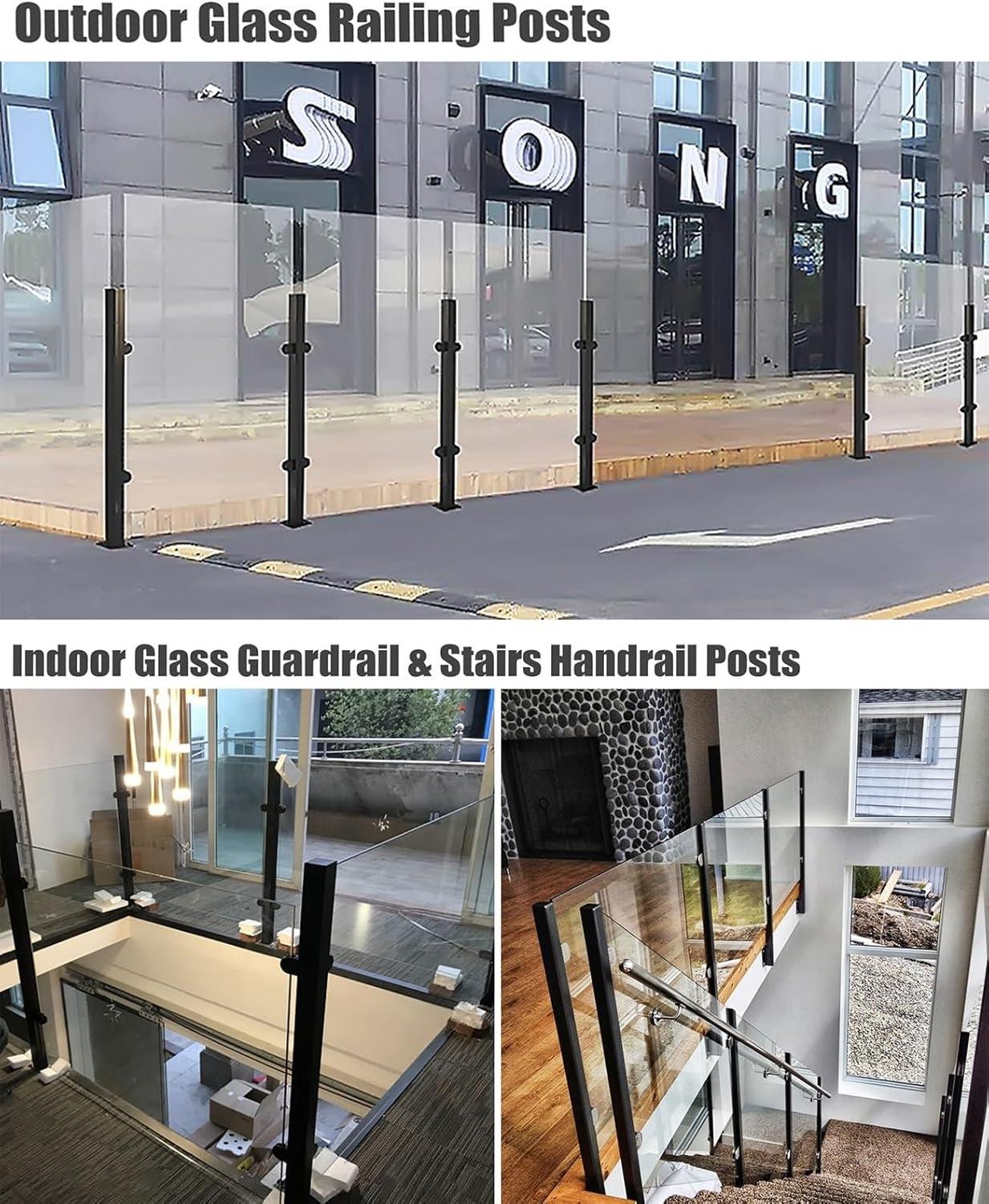 Matte Black Glass Railing Post - Heavy Duty Indoor/Outdoor Fence Pole for Loft, Hotel, Patio & Staircase Guardrail, Includes Bolts, 100cm End Post