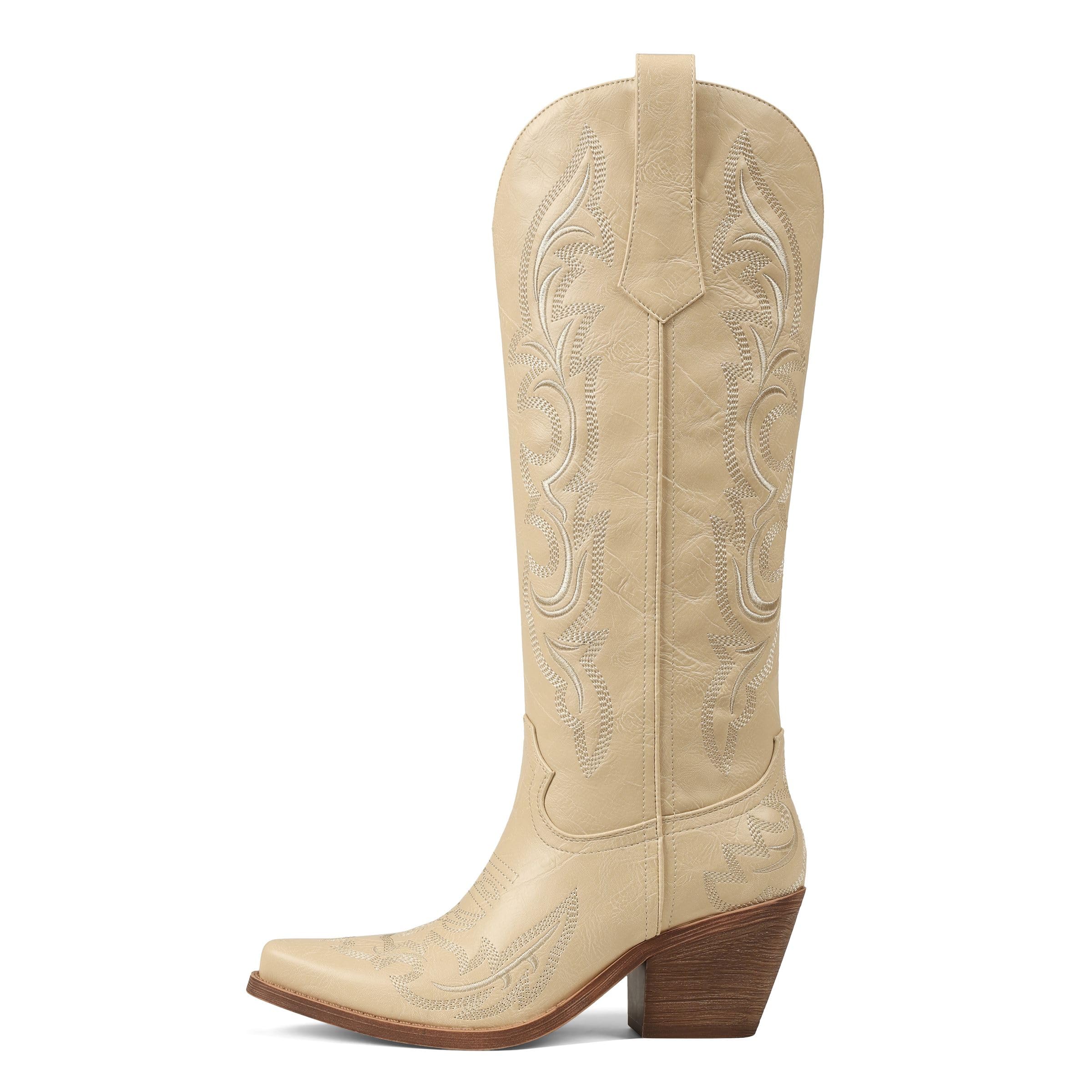 Mattiventon Cowgirl Boots for Women Westen Cowboy Boots Knee High with Classic Embroidered Pull On Pointed Toe Chunky