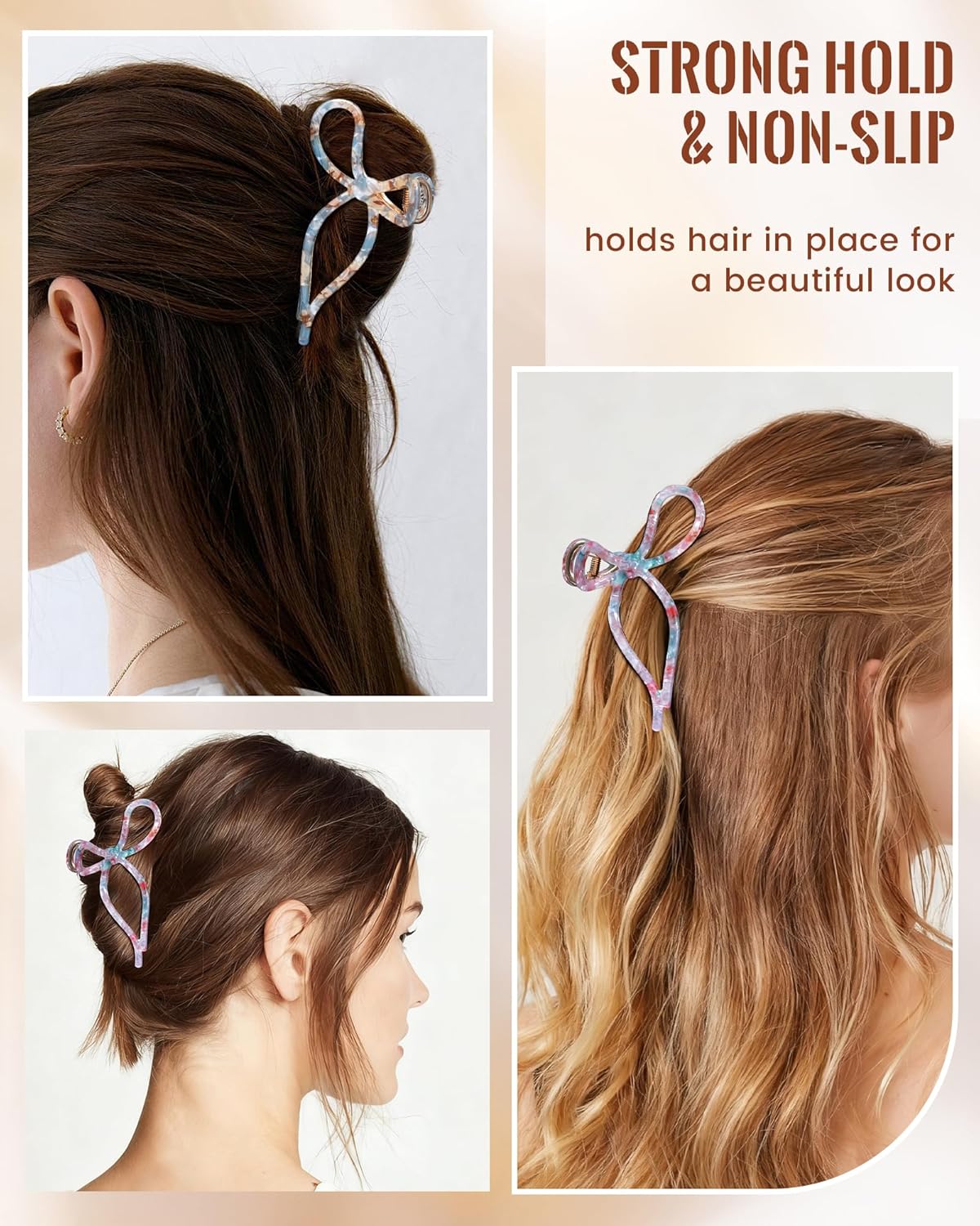 ACECHA 2 Pack Bow Hair Claw Clips for Women, 4.5" Gold Metal Hairclips for Thick Thin Hair, Large Non-slip Claws Strong Hold Styling (Floral 00) - Image 5