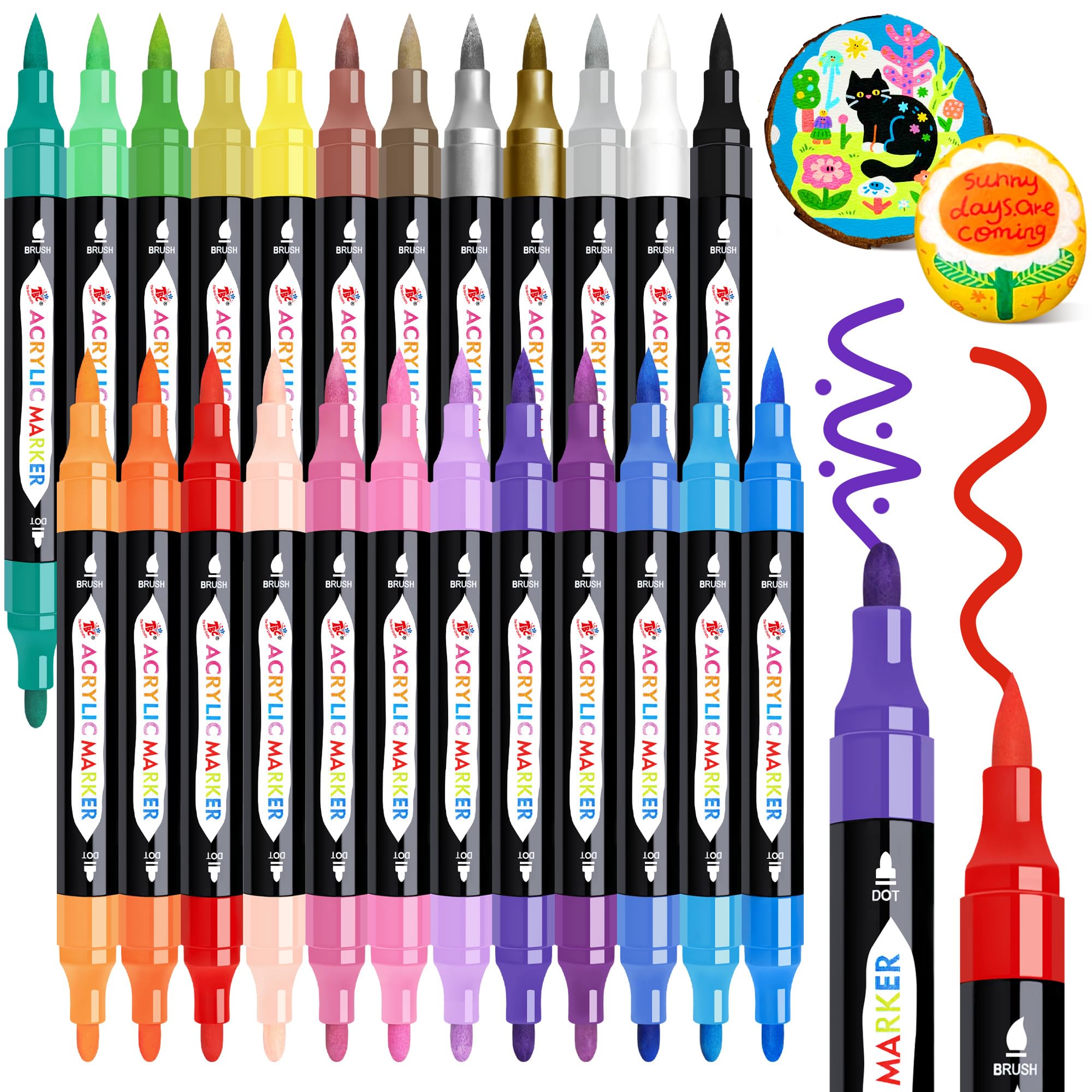 TBC The Best Crafts 24 Colors Dual Tip Acrylic Paint Markers,Waterproof, Non-Toxic, odorless, Suitable for Paper, Pottery, Stones, Backpacks, Glass, Eggs, Fabrics, Plastics, handicrafts