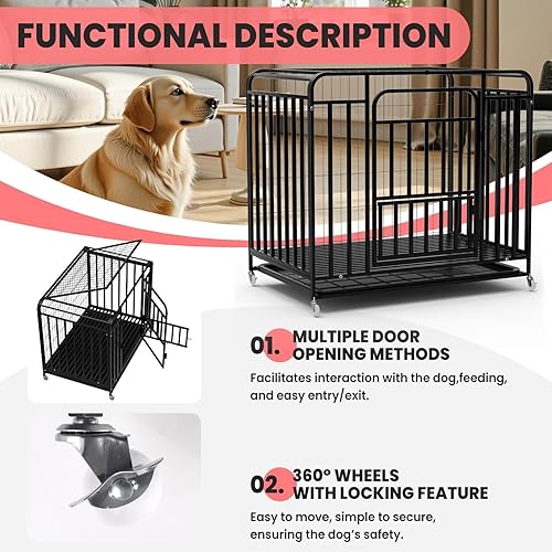 Miniatura 2 de Jaula resistente de 4337 pulgadas para perros grandes, triple puerta, de acero indestructible, para interiores y exteriores, jaula para perros con