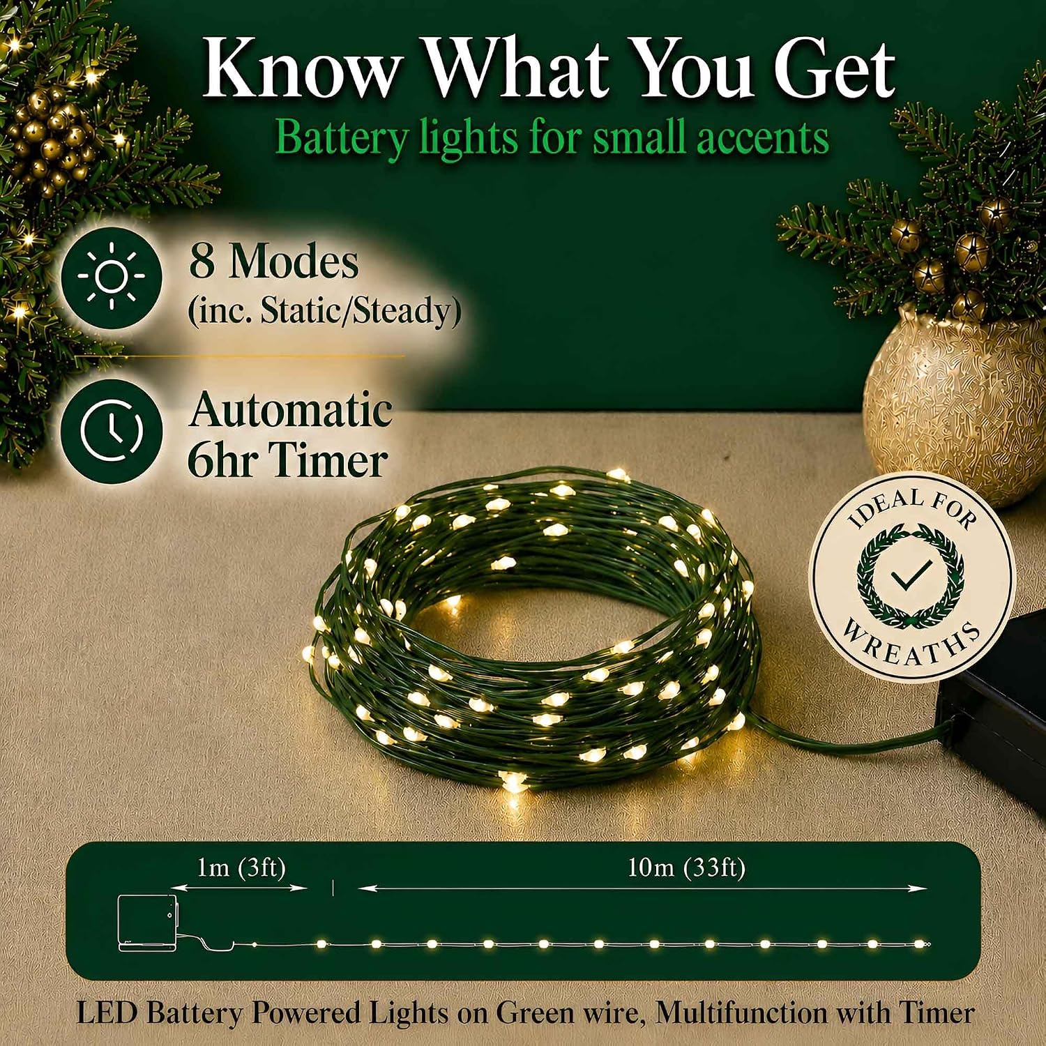 QBIS Battery Operated Christmas Lights, 100 Small Warm White LEDs, 33ft image 4