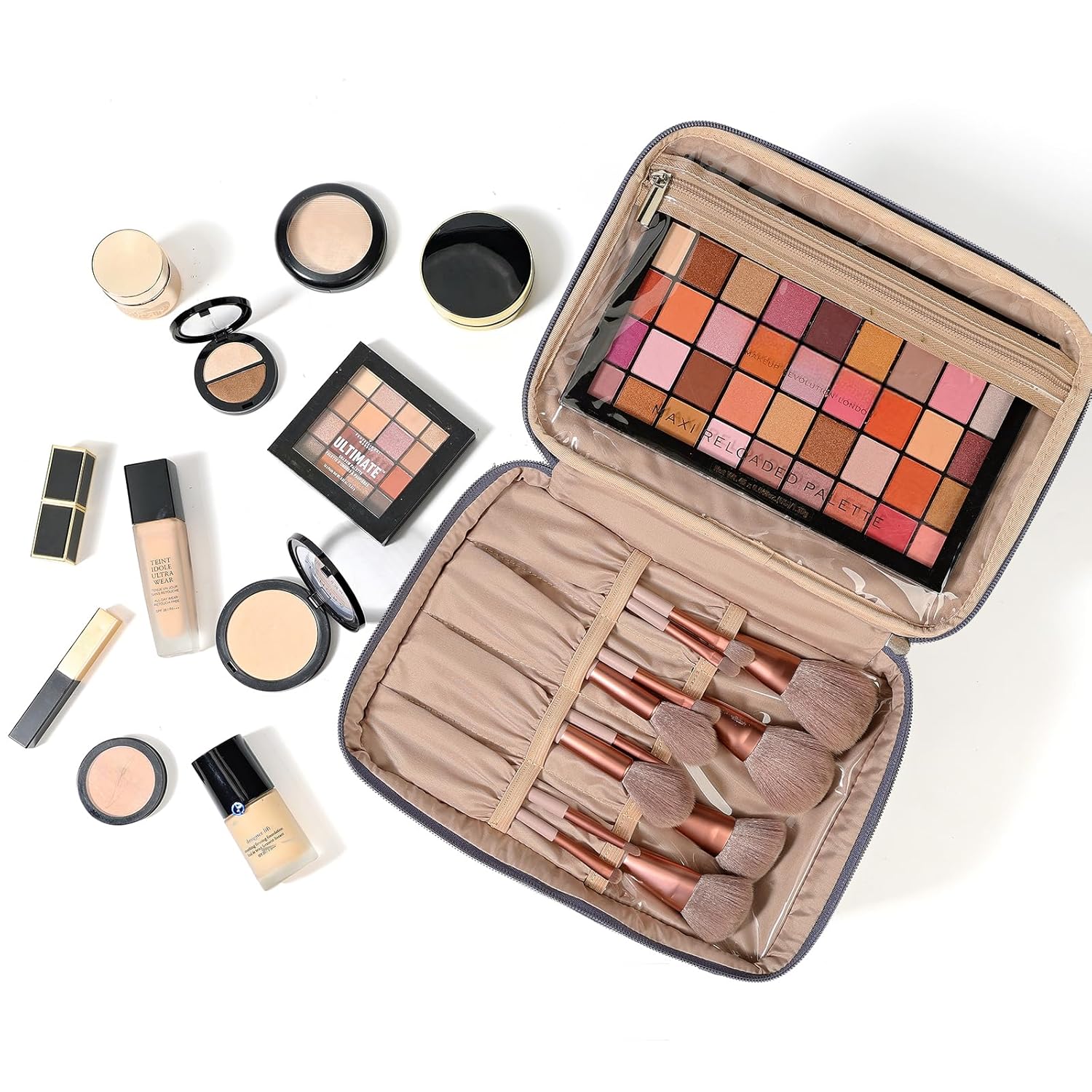 NISHEL Large Double Layer Travel Makeup Bag Women, Cosmetic Case, Organizer for Travel-Size Accessories Bottles, Brushes, Conditioner, and Skin Care Products, Aegean-Blue - Image 7