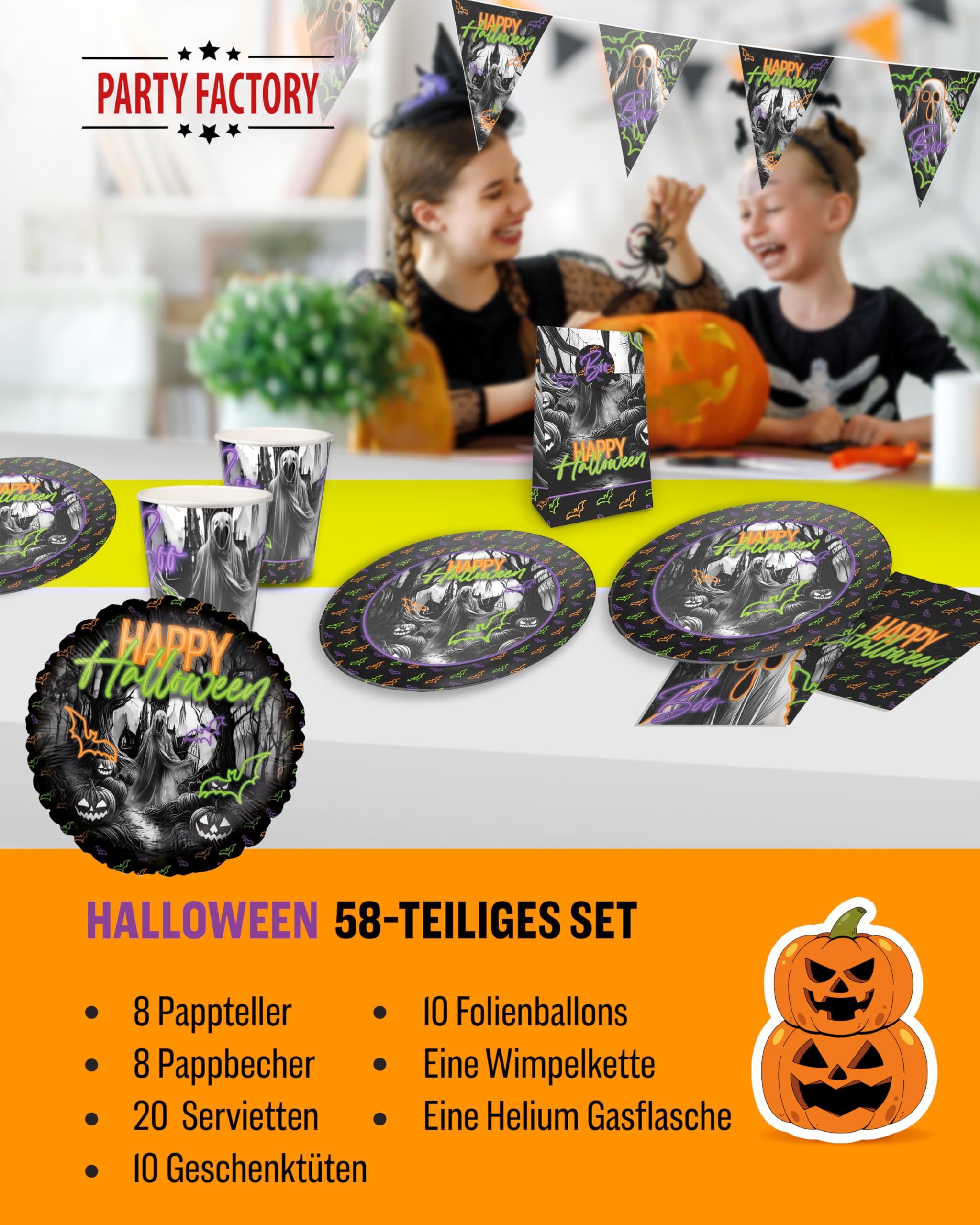 Party Factory – Halloween Partydeko Komplettset für Kinder - 57 tlg. Tischdeko Pappgeschirr mit Wimpelkette für Halloweenpartys & Mottopartys - Party Deko Bundle mit Tellern, Servietten etc.
