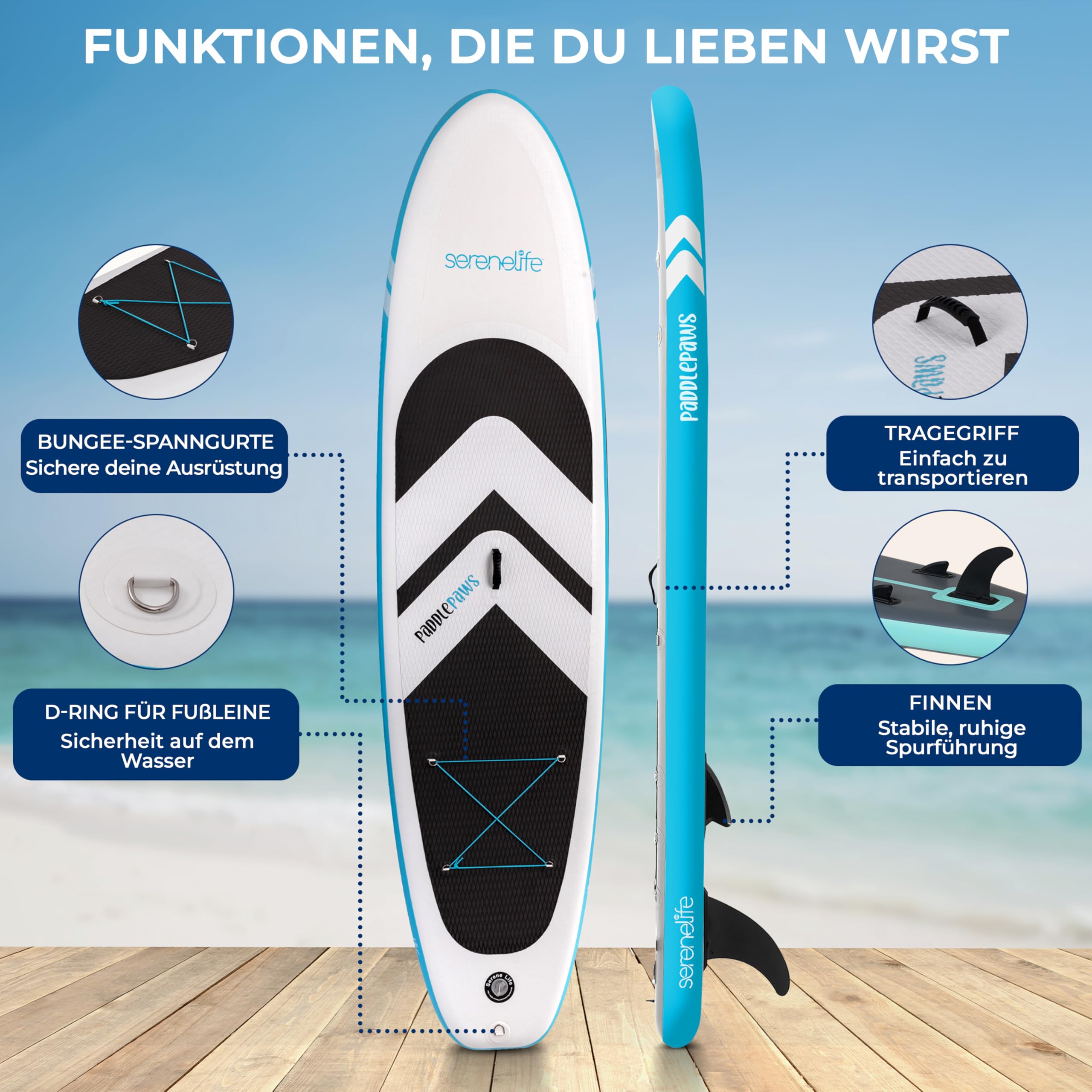 SereneLife SUP Board Aufblasbar Set – Stand Up Paddling Board mit Zubehör, rutschfestes EVA-Deck für See, Fluss, Touring und Freizeit