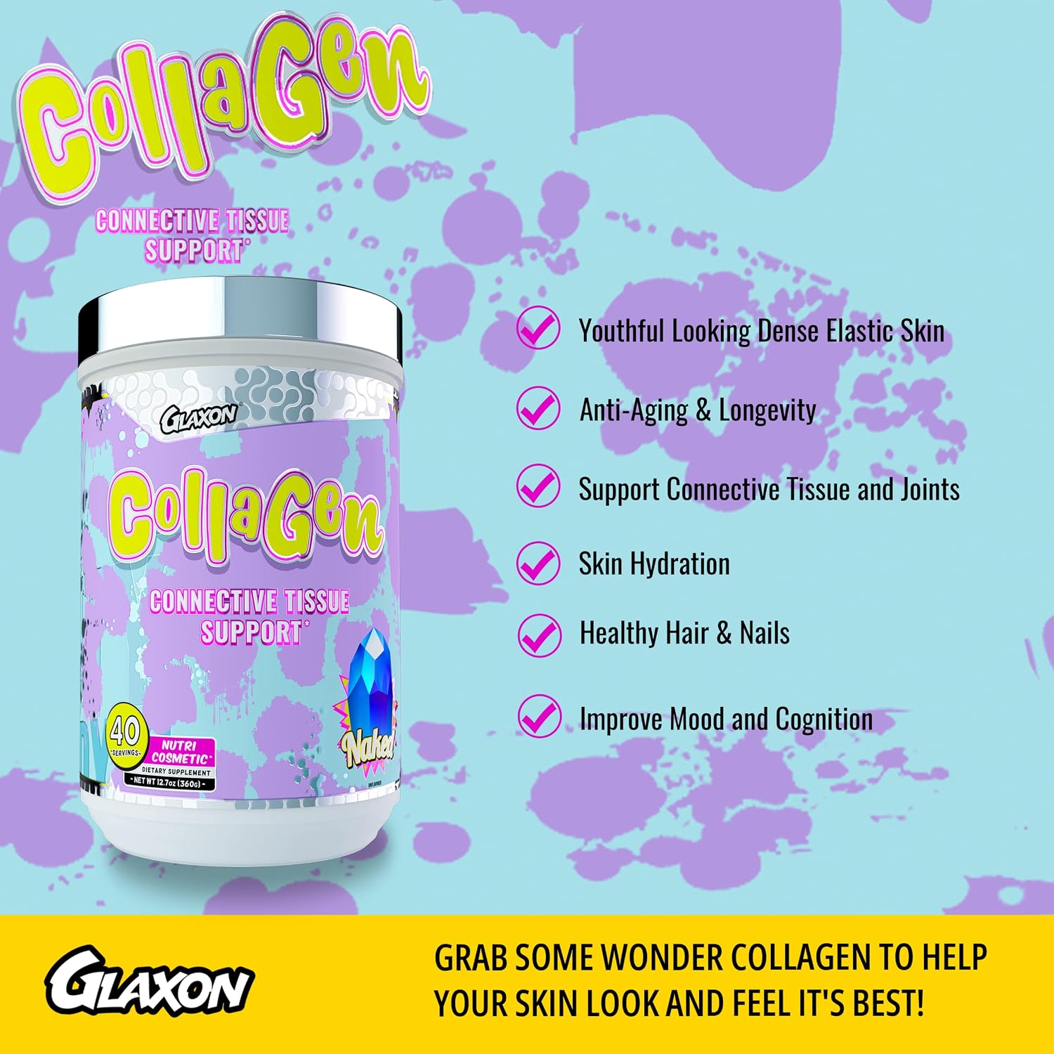 Glaxon Wonder Collagen, Hydrolyzed Collagen Powder with Biotin, Hyaluronic Acid, Vitamin C, B12, Anti Aging Supplement for Skin, Joints, Nails & Hair (Naked V2)