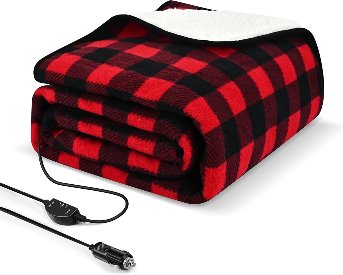 Sino Salected Heated car Blanket - 12 Volt Electric Blanket for car, Portable Heated Blanket for Car, Truck, SUV, RV & Camping, with Upgraded Temperature Controller, 59" x 43" (Red-Black Plaid)