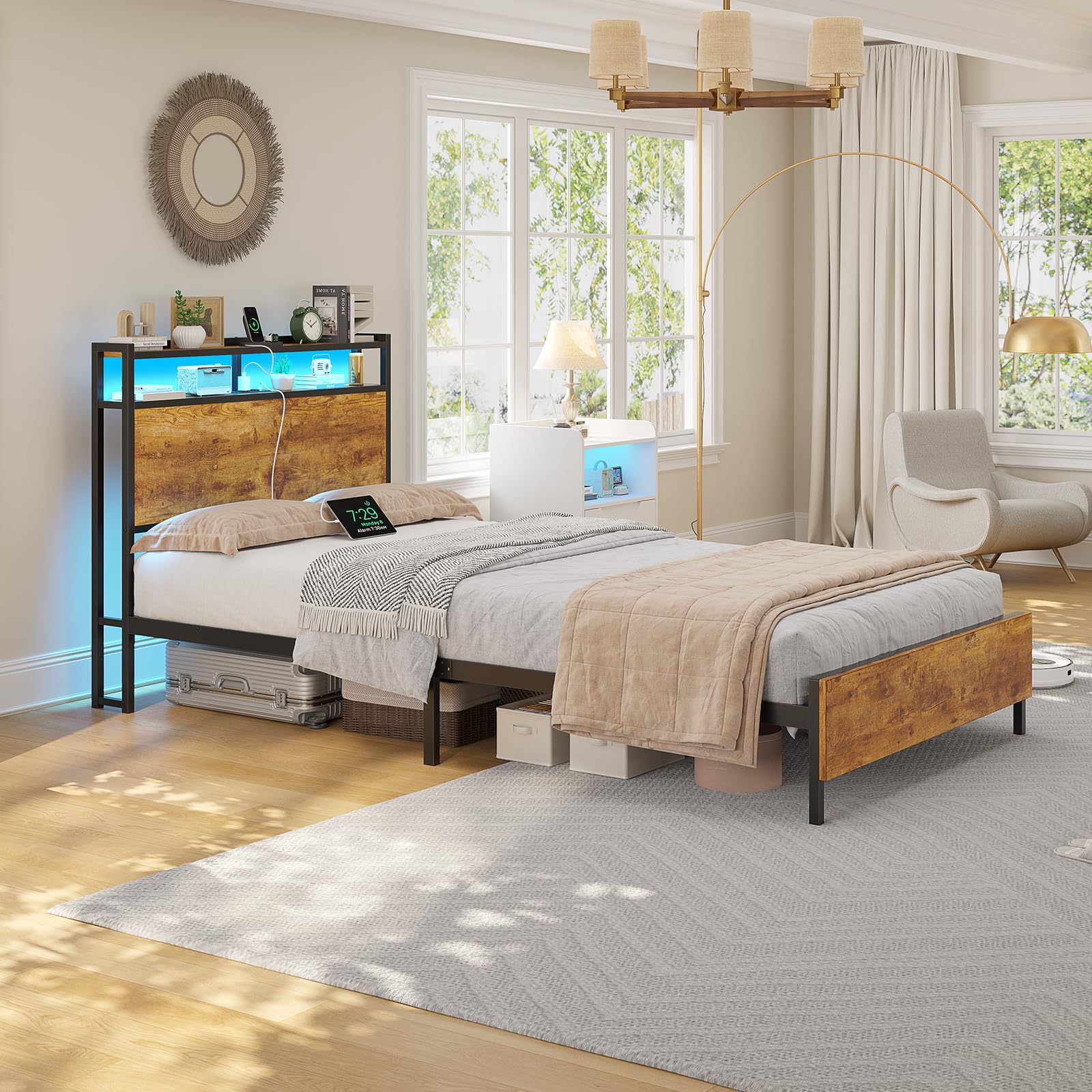 Brinlawb Struttura Letto Singolo 90x200 cm con Luce LED e Stazione di Ricarica (2 Prese CA, 2 Porte USB) Struttura Letto 90x200 cm con struttura in metallo, Facile da montare, Moderno, Marrone