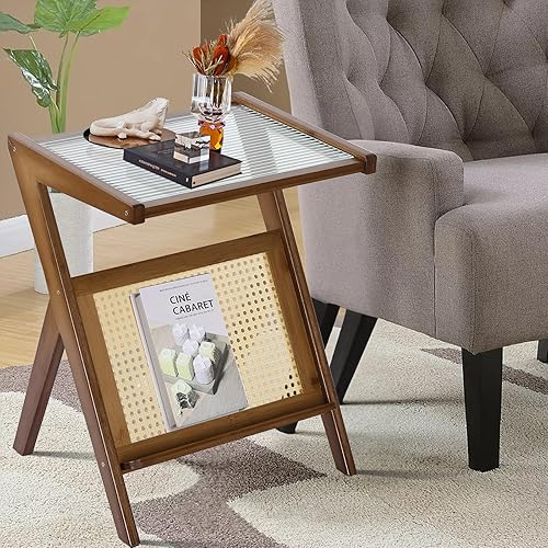 Miniatura 8 de WOOW DEPOT Mesa auxiliar de ratán en forma de Z única con revistero, mesa auxiliar de madera con parte superior de cristal, mesita de noche bohemia