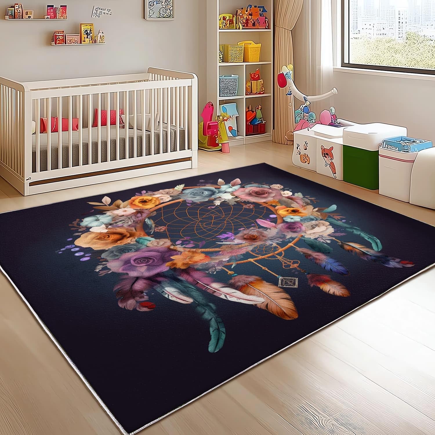 Dywan do wnętrz 200 x 300 cm Łapacz snów w stylu czeskim girlanda miękka i wygodna, ciemnoniebieska mata z krótkim włosiem antypoślizgowa podstawa idealna do salonu, sypialni i korytarza