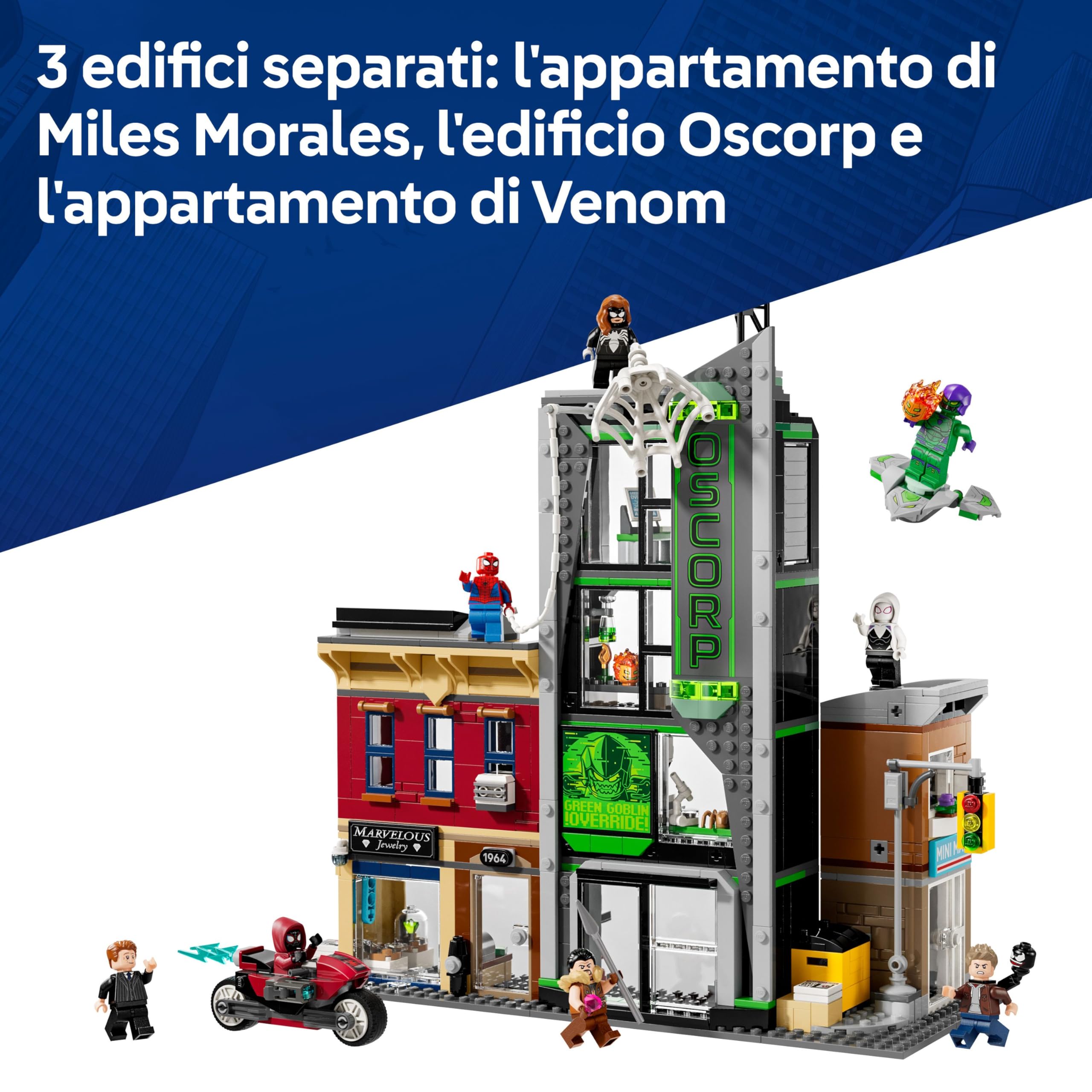 LEGO ǀ Marvel Spider-Man Contro Oscorp - Giocattolo Interattivo con Moto, 8 Minifigure tra cui Miles Morales e Green Goblin - Regalo da Collezione da Supereroi per Bambini e Fan da 10 Anni - 76324