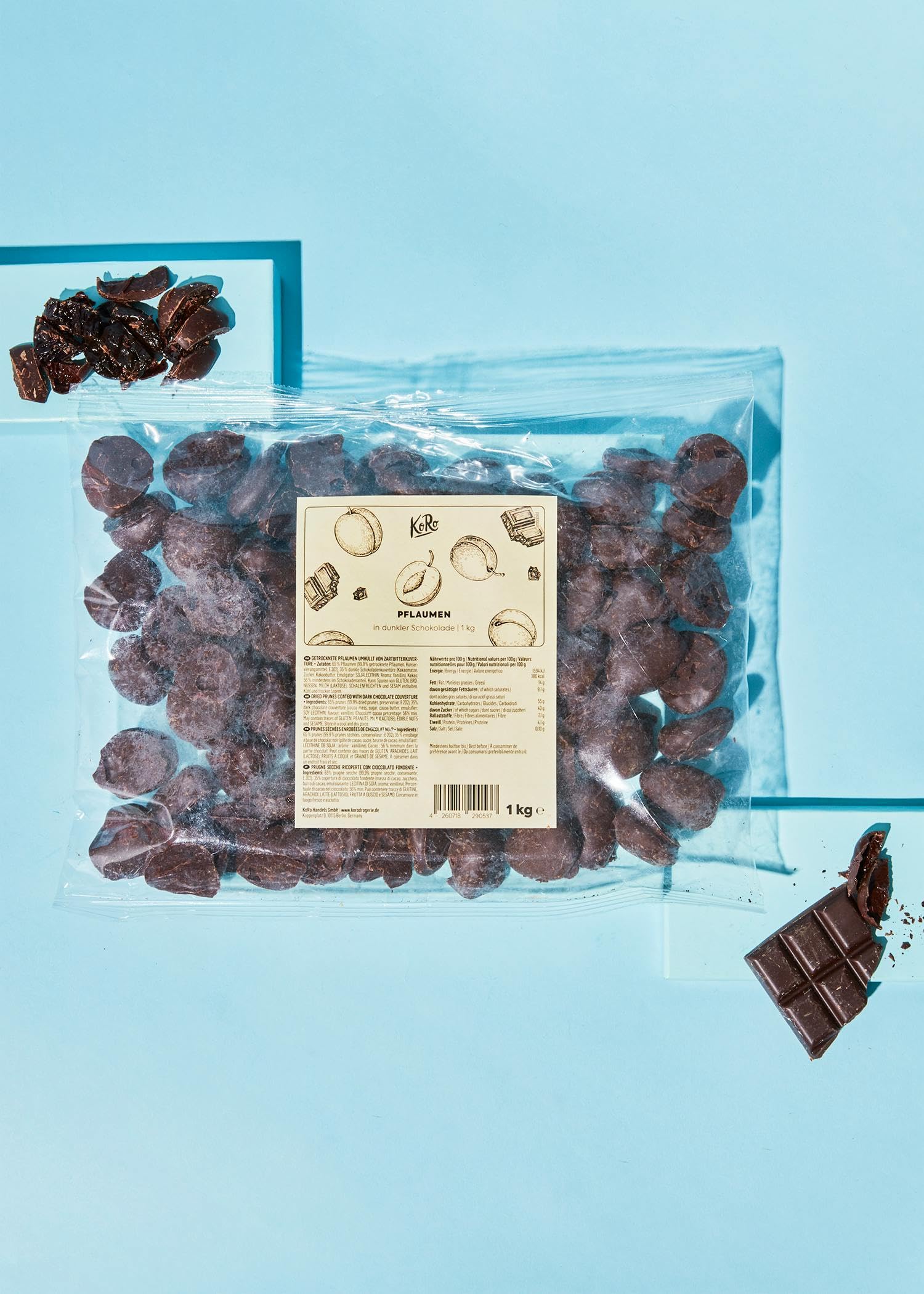 KoRo - Prunes au chocolat noir 1kg - Vegan - Enrobage de chocolat noir - Emballage avantageux