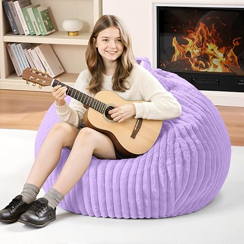 Homguava 2FT Bean Bag Chair, 2' Small Bean Bags with Memory Foam Filled, Beanbag Chairs with Machine Washable Cover Dutch Corded Plush Cover for Classroom,Living Room,Bedroom-Purple