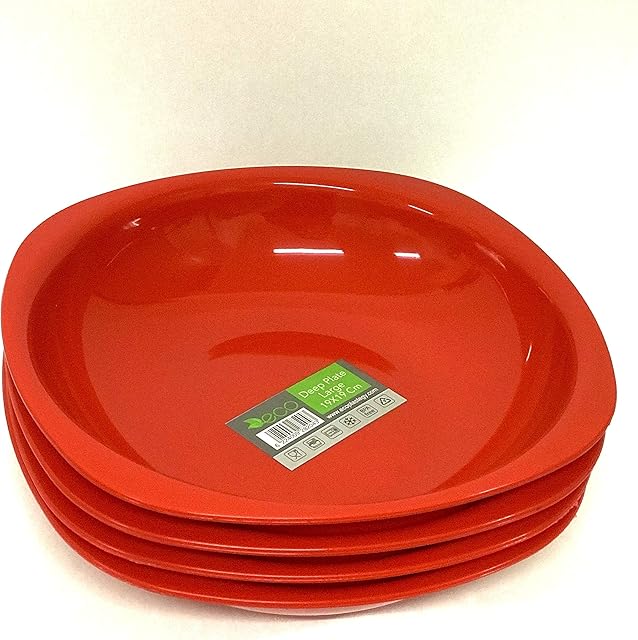 Reusable ECO Unbreakable Colourful Plastic Deep Dinner Plate Set-of-4 - Shatterproof - 100% Food Safe - Perfect for Camping, Indoors, Outdoors, and picnics (Red, Large)