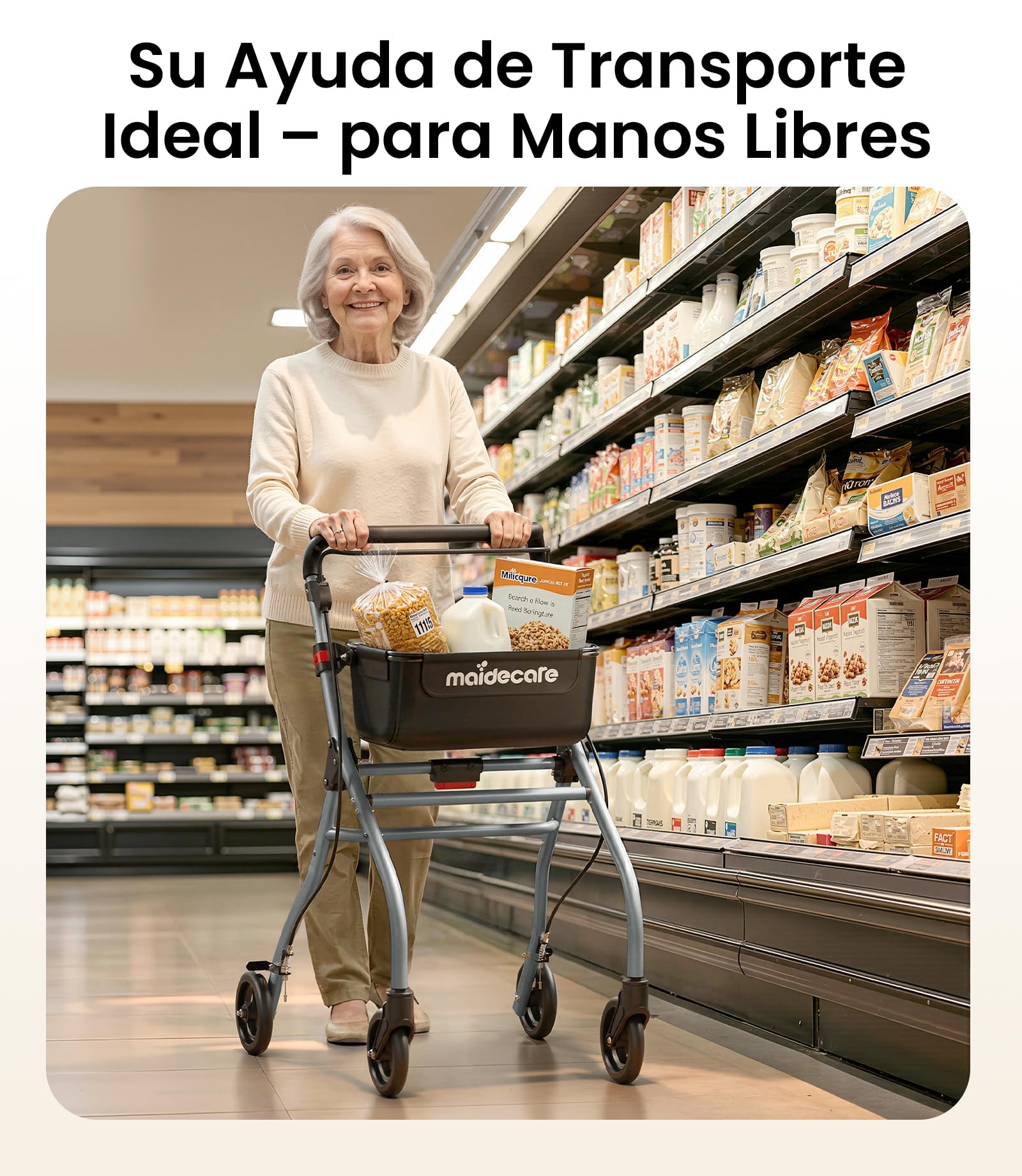 Andador para Ancianos, Andador Plegable con Asiento para Personas Mayores, Estrecho para Apartamento, Modelo de Interior Plegable y Ligero con Bandeja y Bolsa de Tela, 4 ruedas, Aluminio, Plata