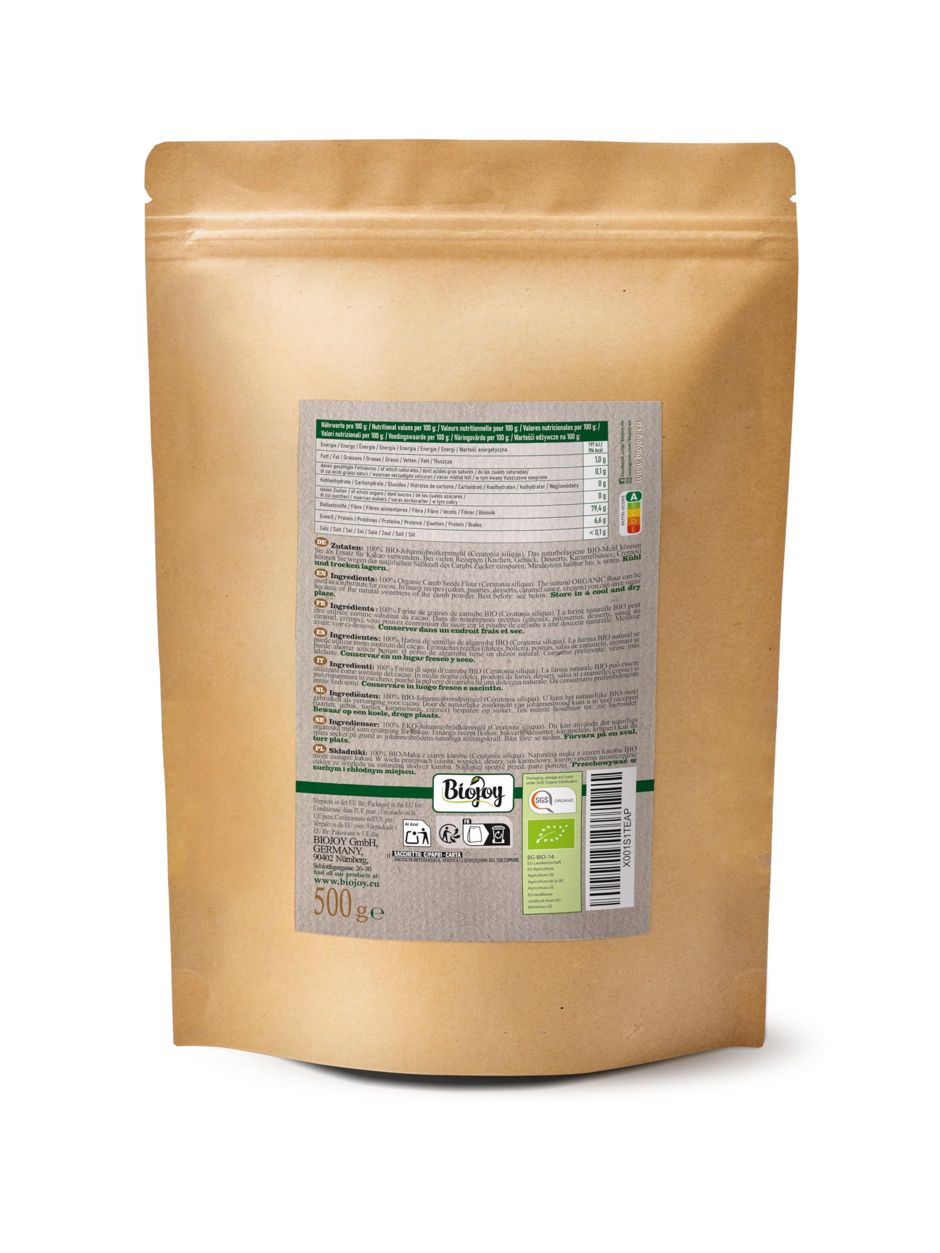 Biojoy Organiczna Mąka z ziaren karobu (Ceratonia siliqua) (500 g)