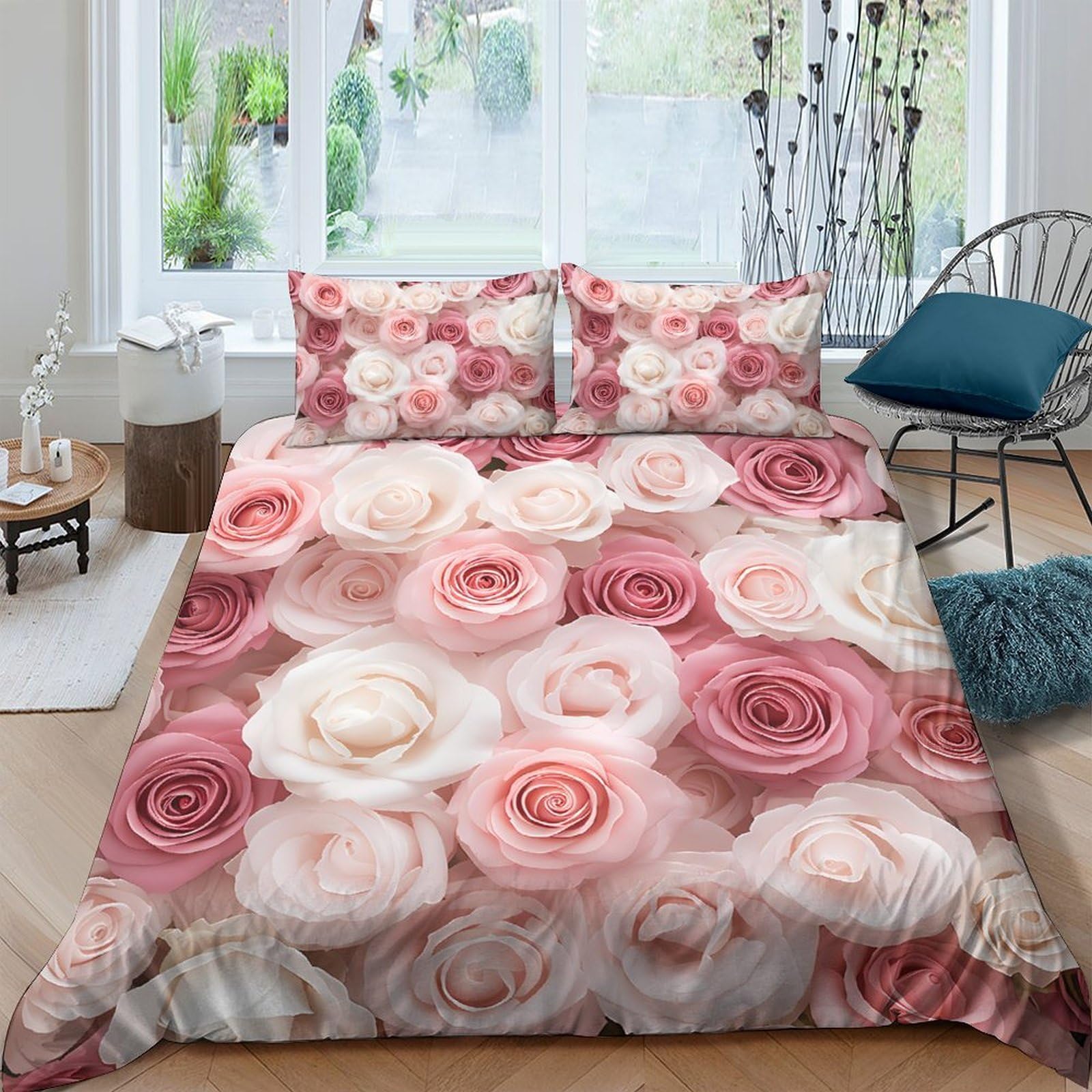 TUFRTGYHN 3D Printed Pink Rose Floral Duvet Cover Microfiber Soft Breathable Bedding Set with 2 Pillowcases for Bedroom Apartment Decor Single（135x200cm）