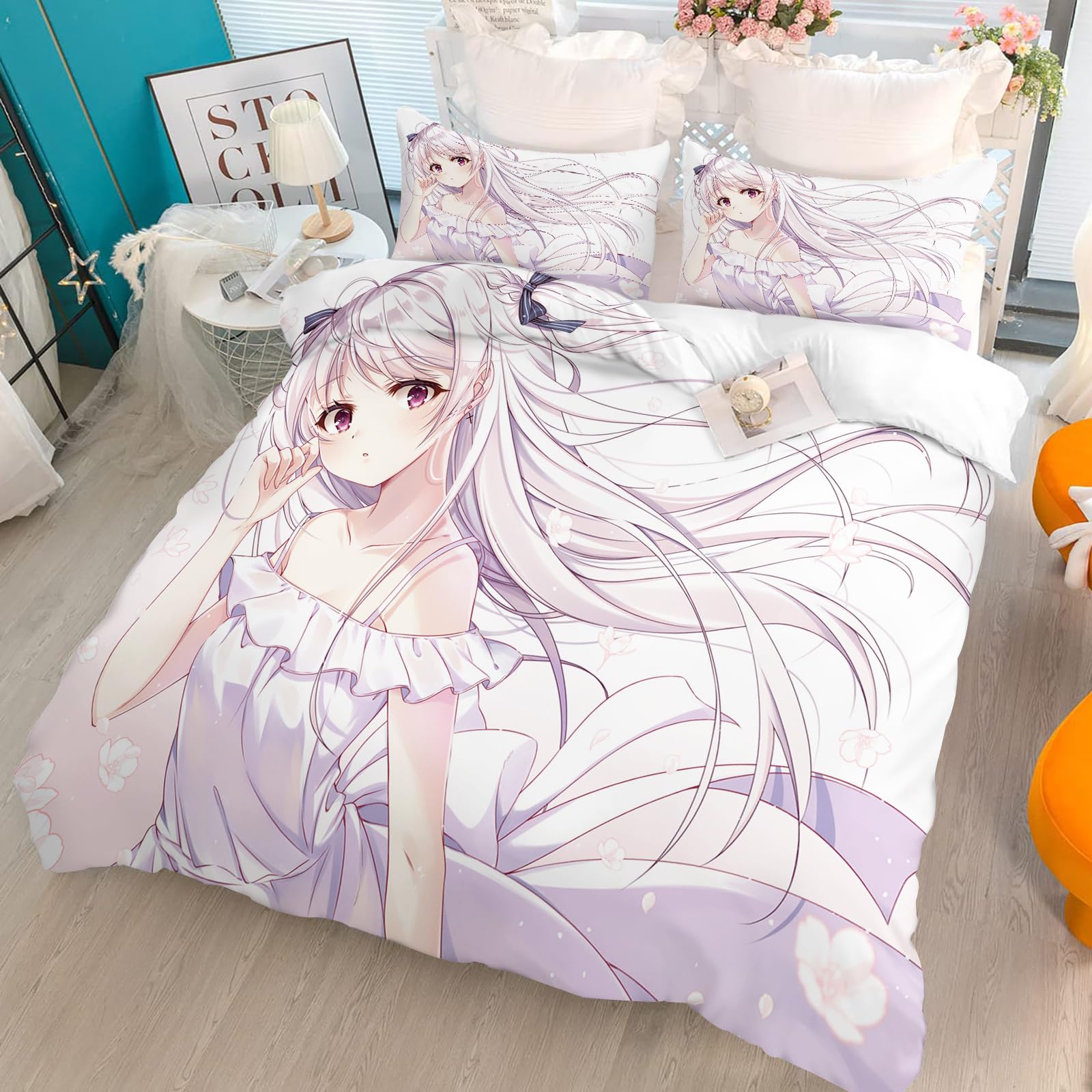 Qiqumax Anime Bed Linen 135 x 200 cm, Anime Girls Bedding Set for Children Girls, Japan Manga Girls Duvet Cover Set, Soft Microfibre with Pillowcases (5, 220 x 260 cm, 50 x 75 x 2)