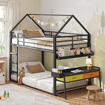DICTAC Bunk Bed Twin Over Twin with Desk,House Twin Bunk Beds with 2 Storage Drawers,Bookshelf and Side Pocket,Metal Low Twin Floor bunk Bed for Kids with 13.4H Safety Guardrail,Space Saving,Black