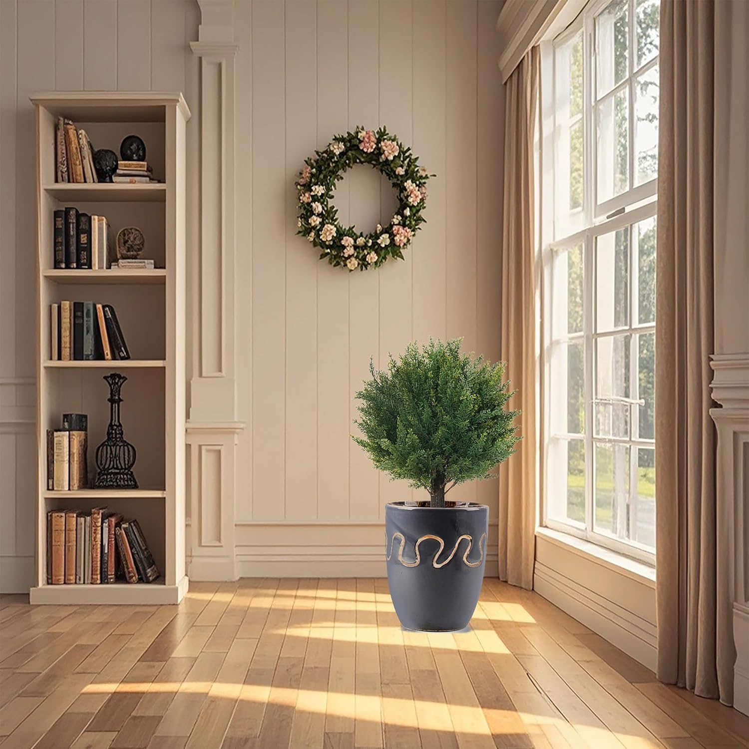 16 Artificial Cedar Topiary Ball Trees with Ground Spike, UV Resistant Artificial Bushes, Set of 2 Faux Cypress Plants Faux Shrubs for Outdoor Indoor Front Porch Garden
