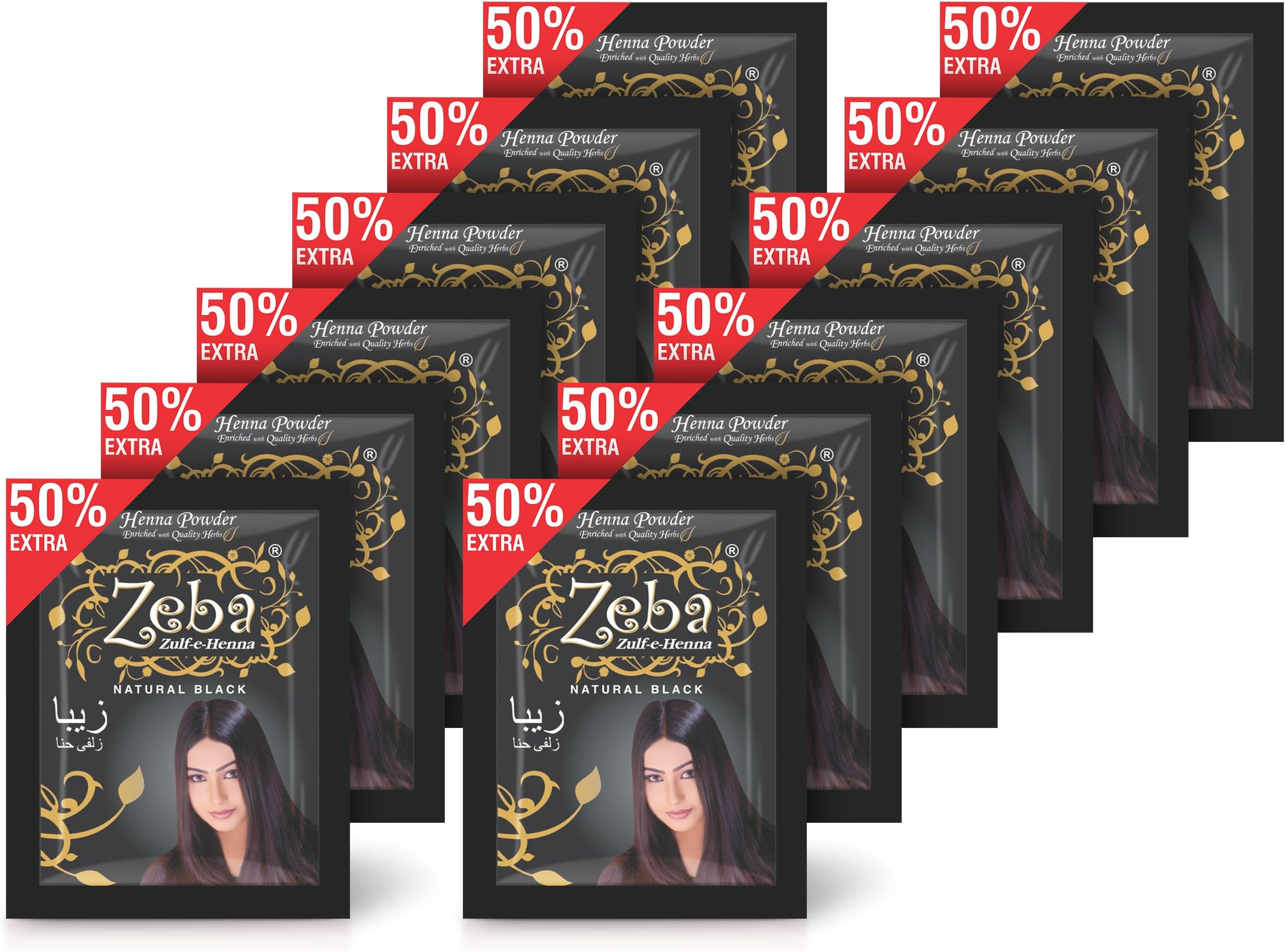 Zeba Natural Black Hair Colour, Organic, Herbal Heena Powder for Hair, Suitable for All Hair Types, Long Lasting Color for Women & Men, Free From Harsh Chemicals(Pack of 12, 25gm Each)
