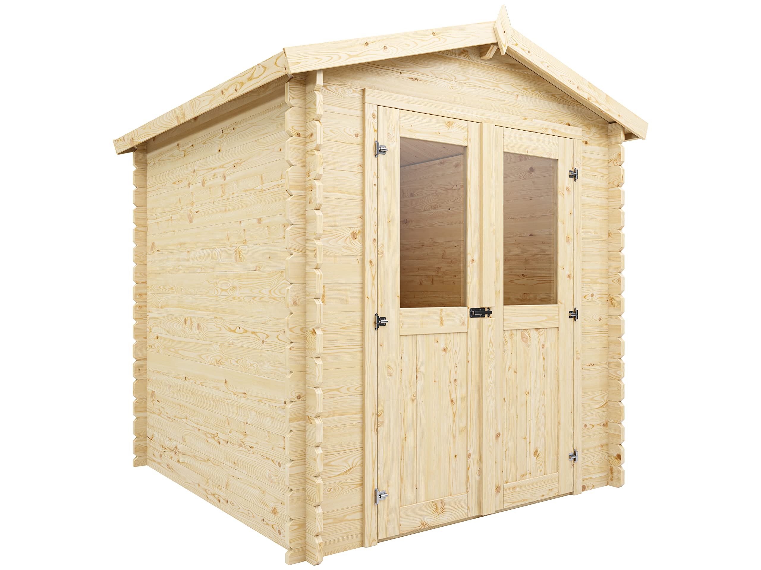 Holz Gerätehaus Mini 2 C | Gartenhaus | Wandstärke 28 mm | Blockbohlenbauweise | Naturbelassen | Satteldach | BxTxH: 198 x 198 x 214,5 cm | Inkl. Doppelflügeltür mit Echtglas | Ohne Fußboden