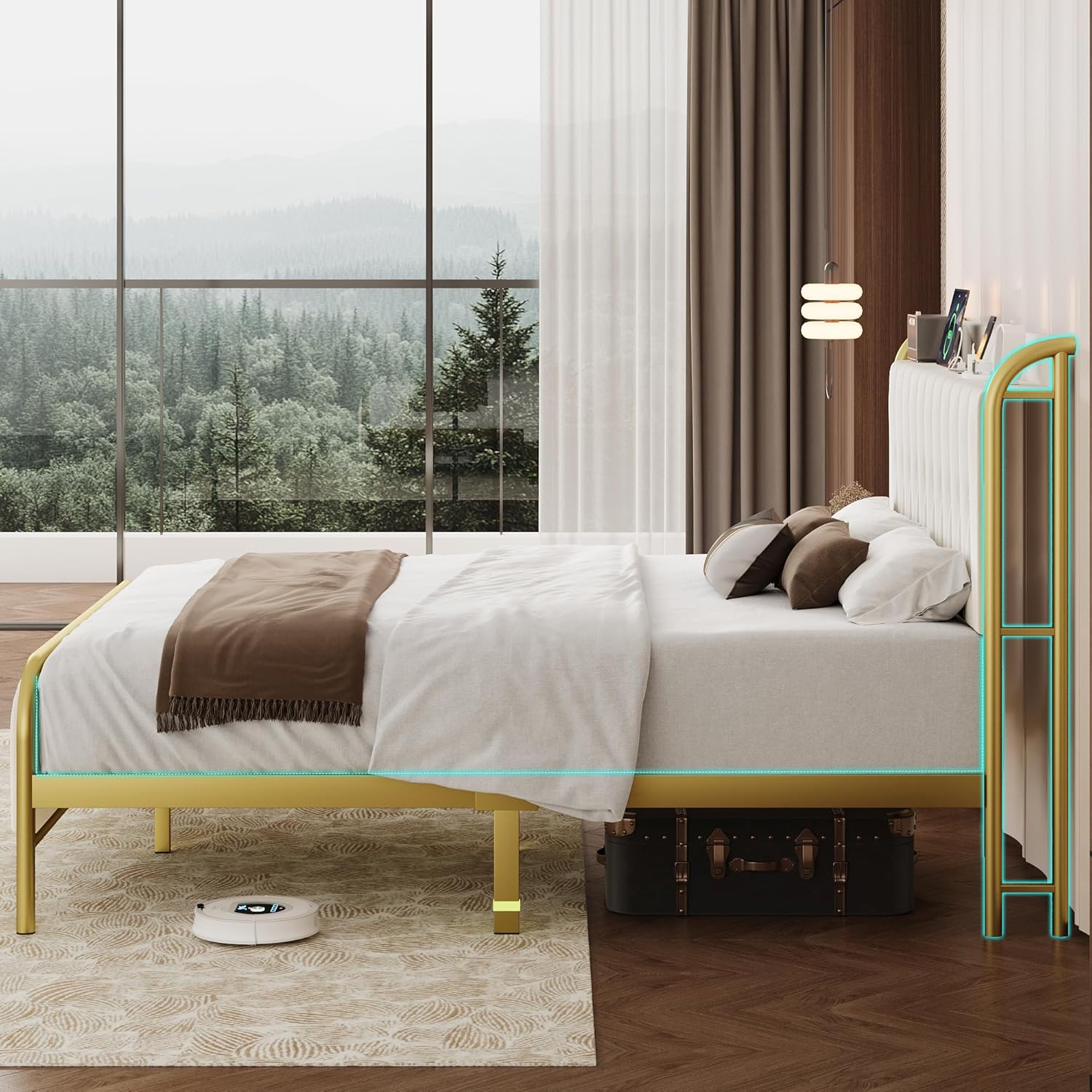 iPormis Metal Bed Frame Queen Size with Charging Station, Velvet Upholstered Headboard and Footboard, Heavy Duty Steel Support, 12" Under Bed Storage, No Box Spring Needed, Easy Assembly, Beige