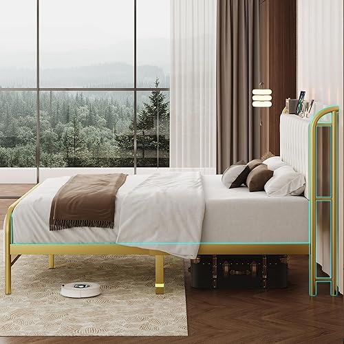 Miniatura 7 de iPormis Base de cama tamaño Queen con puertos USB B y tipo C, cabecera capitoné de terciopelo con botones de almacenamiento, plataforma de metal