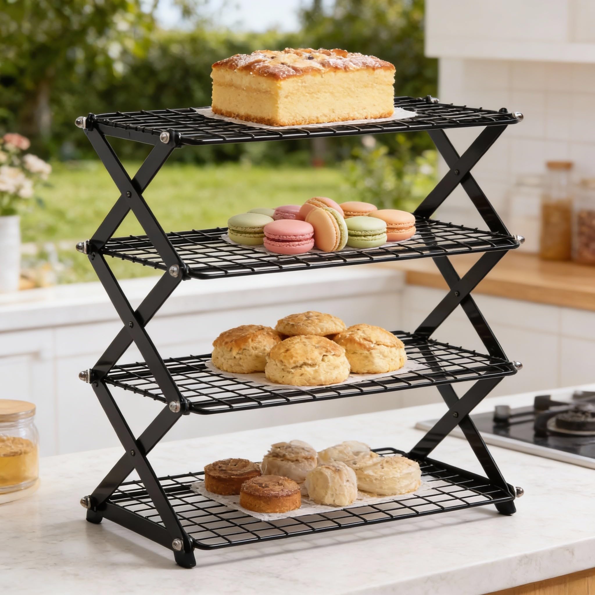 2/3/4-Tier Collapsible Cooling Rack with Adjustable 3 Setting Design, Folding Stackable Roasting Cooking Drying Wire Rack, Adjustable Non-Stick Drying Rack for Baking, Roasting, Cookies(4-layer)