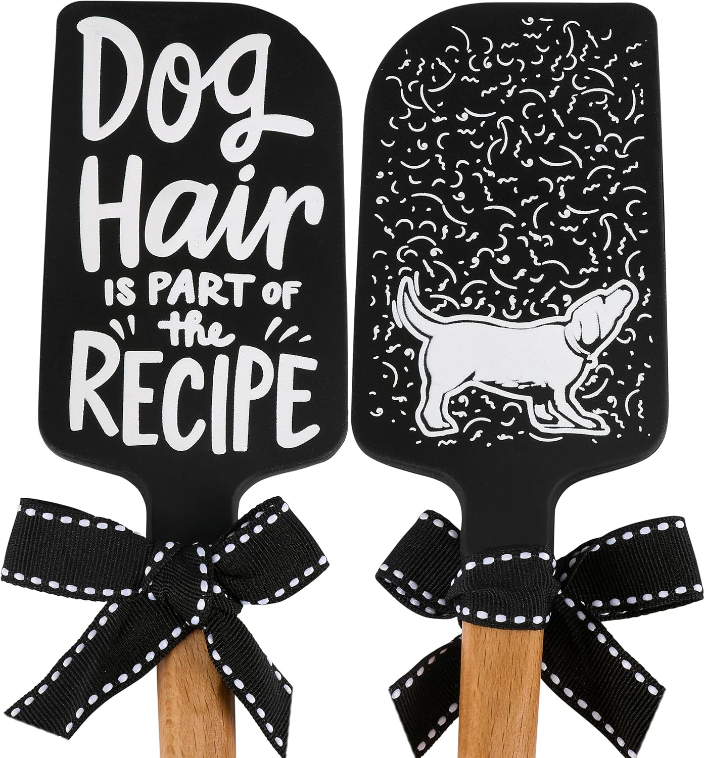 Primitives by Kathy double-sided silicone novelty cooking spatula/hand illustrated black/white design/dog shaking off fur on back/fun dog inspired sentiment on front "Dog Hair Is Part Of The Recipe."