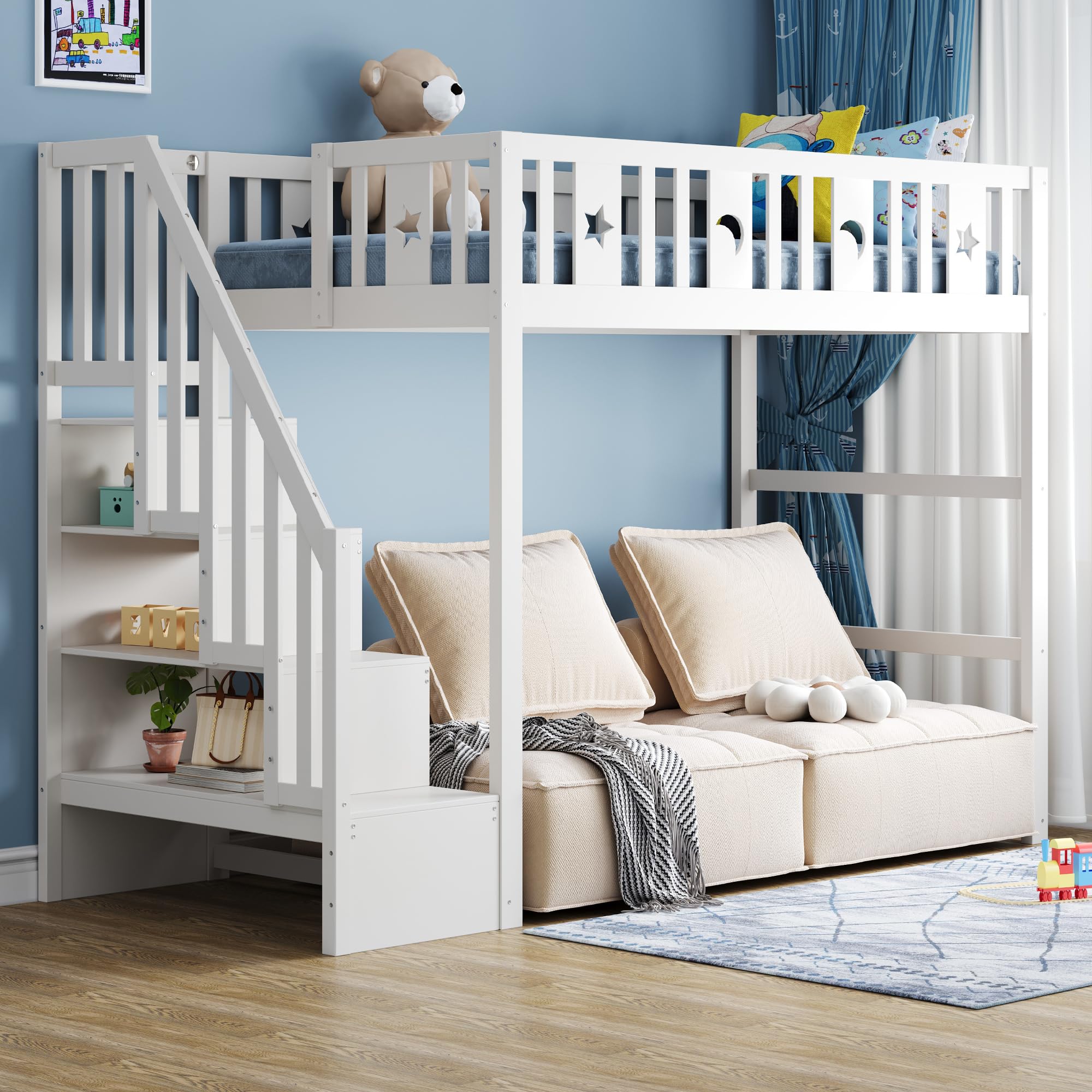 Etagenbett für Kinder mit Treppe,Hochbett aus Massivholz mit Sicherheitsgeländer, Stern- und Monddekoration (Weiß, 90 * 200)