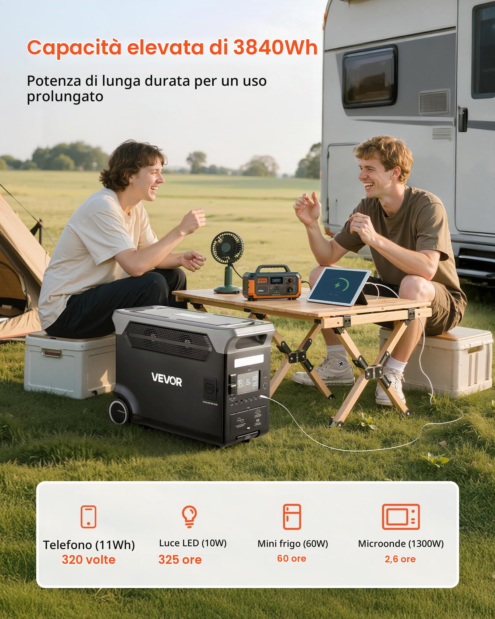 VEVOR Centrale Elettrica Portatile, Generatore Solare da 3600 W e 3840 Wh con 10 Porte di Uscita, Batteria di Backup LiFePO4 Espandibile per Camper, Campeggio, Senza Pannello Solare